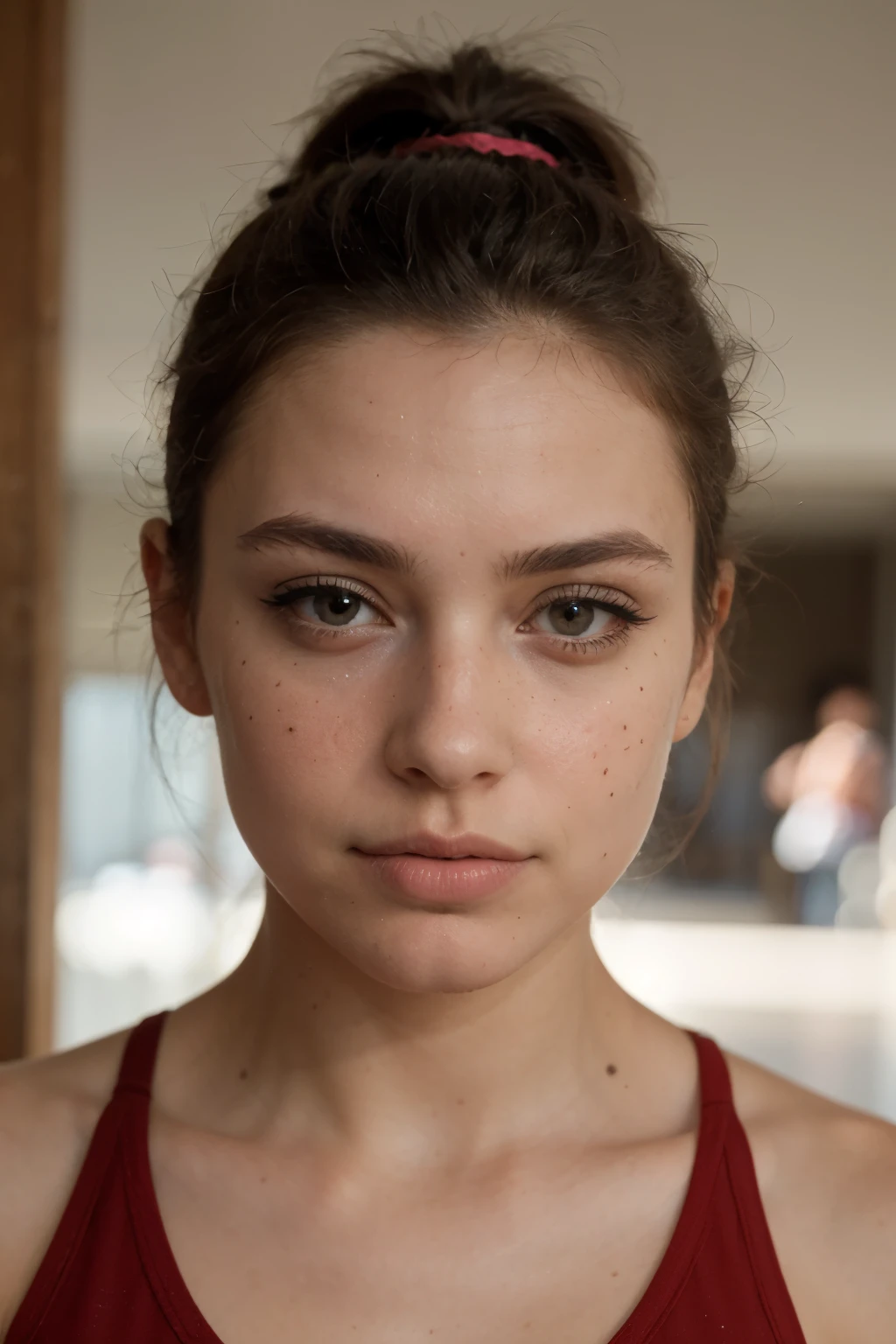 ((en iyi kalite))), ((masterpiece))), (detailed), slightly freckled face, face with foundation and make-up, there is a mole on your chest, wearing sports clothes, Belgian