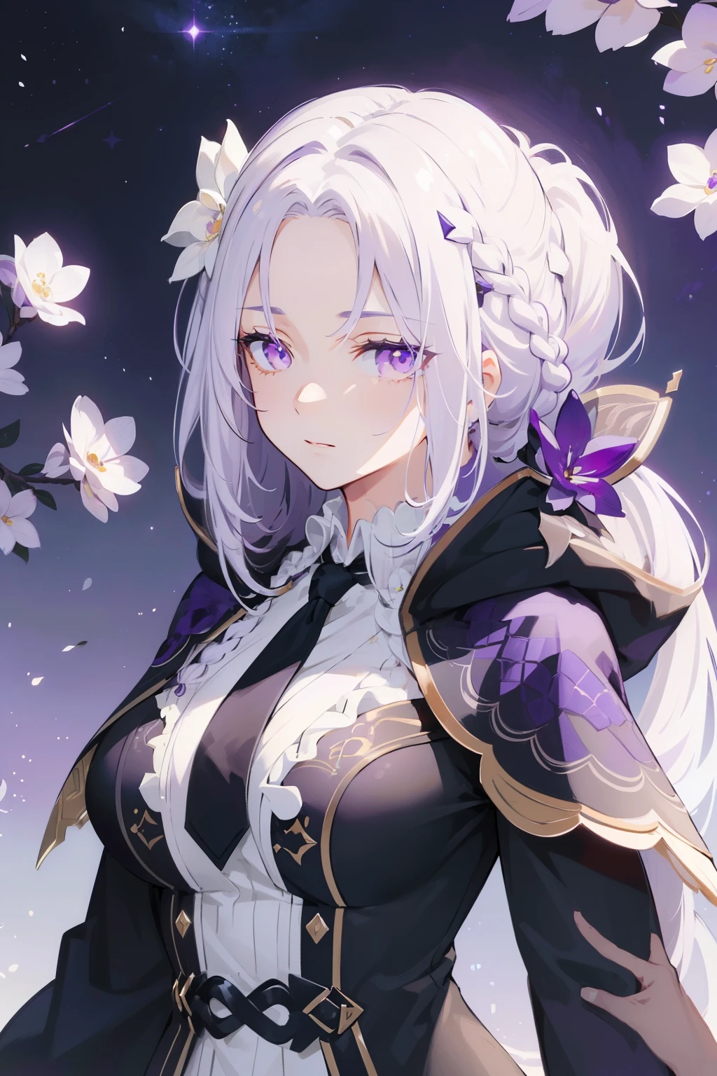 (best quality:1.3), (masterpiece:1.3), (illustration:1.3), (ultra-detailed:1.3), 1girl, (((large breasts))), ((((purple eyes))), (((white hair))), hair ornaments, tall, mature, long hair, (low ponytail:1.2), upper body, black suit, necktie, cloak, long sleeves, skirt, dressaug, hair between eyes, purple flowers, looking at viewer, hair ornament, night sky, glowing purple flowers, french braids,