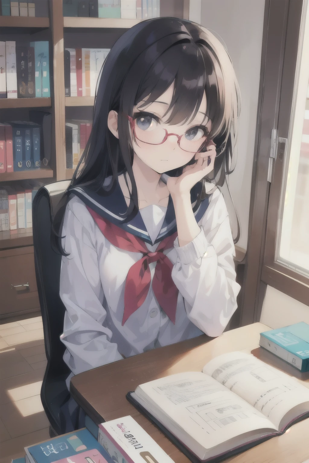 Create an image of cute introvert, shy and bookworm japense high school girl she wears glasses she is hot and she always caries book in her hand
