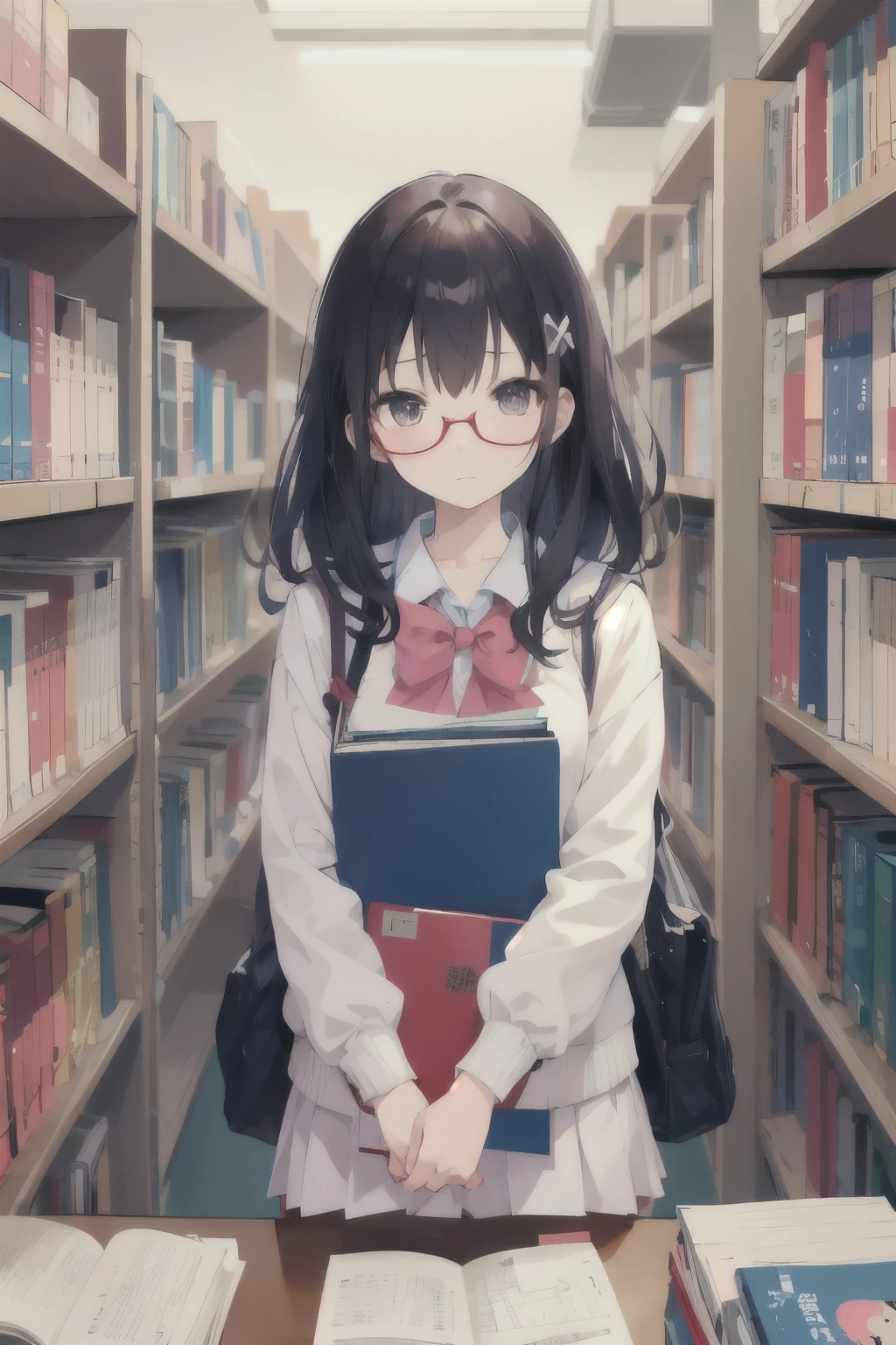 Create an image of cute introvert, shy and bookworm japense high school girl she wears glasses she is hot and she always caries book in her hand