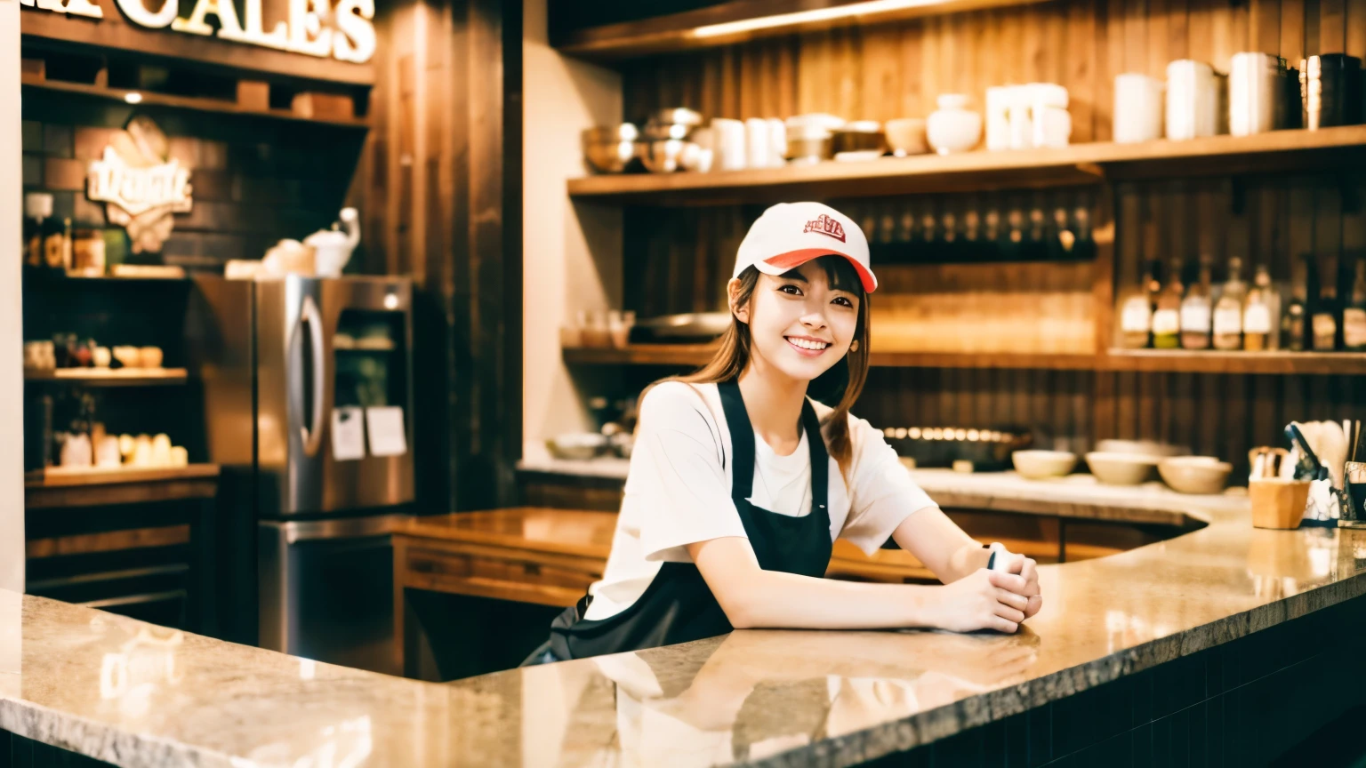 Illustrate a photo-realistic image of a slender, Hispanic-Filipina woman, 27 years old, she has a flirtatious smile on her average-looking facial features. She has long, waist-length thick hair and tanned brown skin. :: she is standing in a coffee shop in the Philippines. She sports a small, casual skirt. :: captured with a photographic quality and bokeh effect using a 2.8 aperture depth of field. The image should vividly capture her facial expressions and hair details in a medium shot composition.