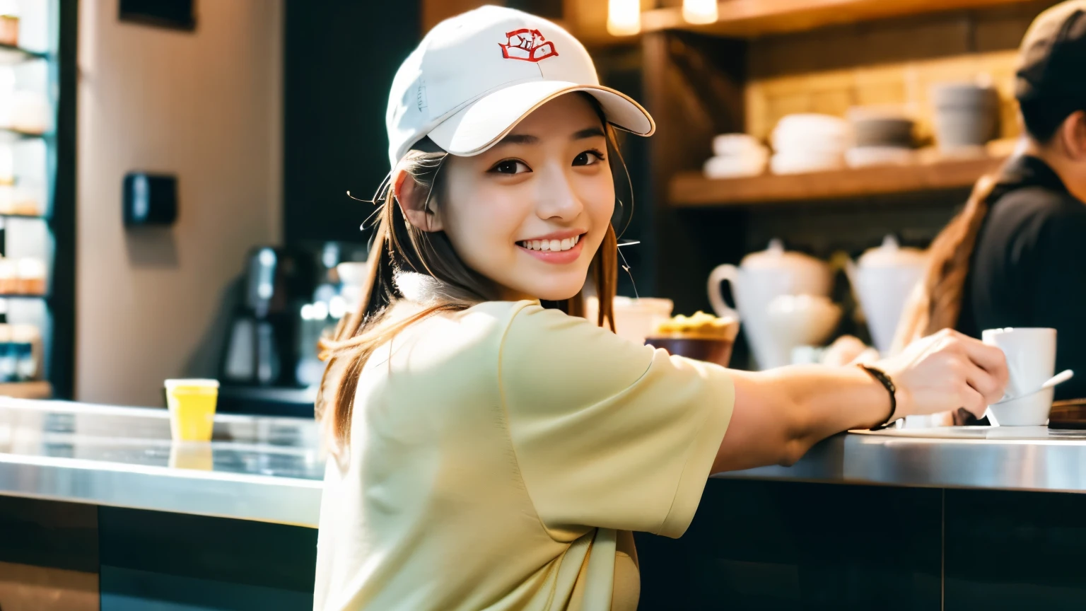 (8K, Raw photo, highest quality, masterpiece:1.2), (realistic, photo-realistic:1.4), (Highly detailed 8K wallpaper), perfect female body, famous japanese idol, 20 year old girl,  boyish Japanese model,sportswoman, light brown hair,sportswear,Return from jogging,cap hat ,inside a stylish cafe, I can see other customers enjoying themselves too.。At the back of the cafe、Staff are busy working at the counter。