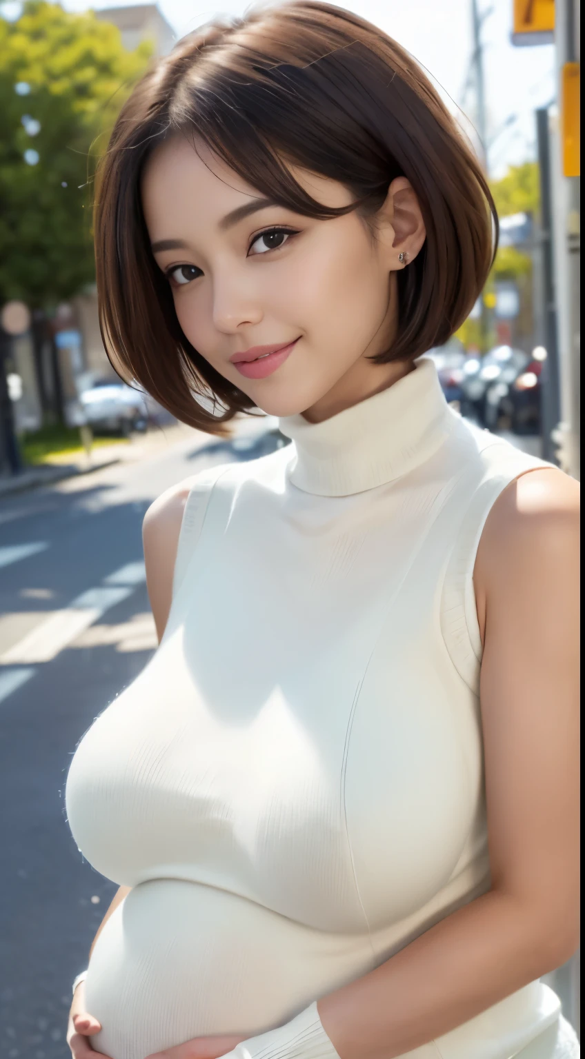 (8K, 超A high resolution, Best quality, masutepiece:1.2)、RAW portrait of japanese girl、超A high resolution、top-quality、 (huge-breasted,:1.6)、((huge pregnant:1.3))、{Hide all breasts:1.2}{Off-white shorts:1.5}、(Wear a white sleeveless turtleneck sweater:1.5)、(hand to hip:1.6)、(In the street:1.2) Break (Natural skin texture、Detailed skin、Hyper-realism、ultra-sharpness)、intricately details、depth of fields、Sexy adult woman、Black hair short hair、toned butt、((tmasterpiece、top-quality、high detal))、(Photorealsitic:1.4)、solo、Keep one's mouth shut、Smile happily、largeeyes、Distinct double eyelids、eyeslashes、Long neck、Absolute area、Clean collarbone、face perfect、Thin lips、a small face、(Gaze towards the viewer、highlights in the eyes、Light brown eyes、Gloss on lips)、(The entire body is shown from the side:1.3)