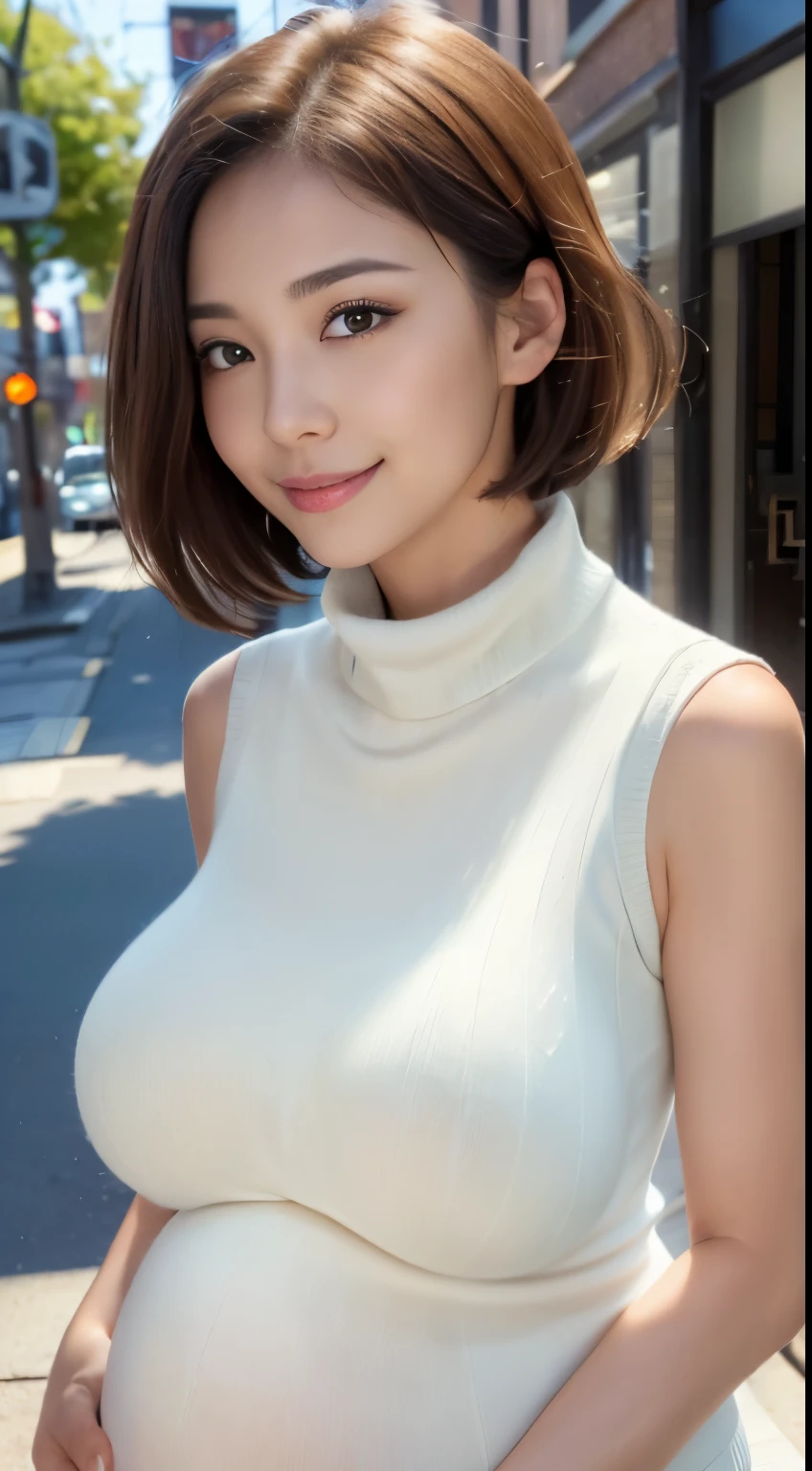 (8K, 超A high resolution, Best quality, masutepiece:1.2)、RAW portrait of japanese girl、超A high resolution、top-quality、 (huge-breasted,:1.6)、((huge pregnant:1.3))、｛Hide all breasts:1.2｝｛Off-white shorts:1.5｝、(Wear a white sleeveless turtleneck sweater:1.5)、(hand to hip:1.6)、(In the street:1.2) Break (Natural skin texture、Detailed skin、Hyper-realism、ultra-sharpness)、intricately details、depth of fields、Sexy adult woman、Black hair short hair、toned butt、((tmasterpiece、top-quality、high detal))、(Photorealsitic:1.4)、solo、Keep one's mouth shut、Smile happily、largeeyes、Distinct double eyelids、eyeslashes、Long neck、Absolute area、Clean collarbone、face perfect、Thin lips、a small face、(Gaze towards the viewer、highlights in the eyes、Light brown eyes、Gloss on lips)、(The entire body is shown from the side:1.3)