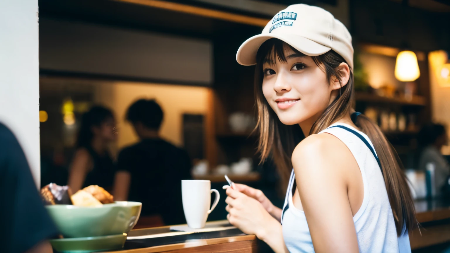 (8K, Raw photo, highest quality, masterpiece:1.2), (realistic, photo-realistic:1.4), (Highly detailed 8K wallpaper), perfect female body, famous japanese idol, 20 year old girl, boyish Japanese model,sportswoman, light brown hair,sportswear,Return from jogging,cap hat ,inside a stylish cafe, I can see other customers enjoying themselves too.。At the back of the cafe、Staff are busy working at the counter。