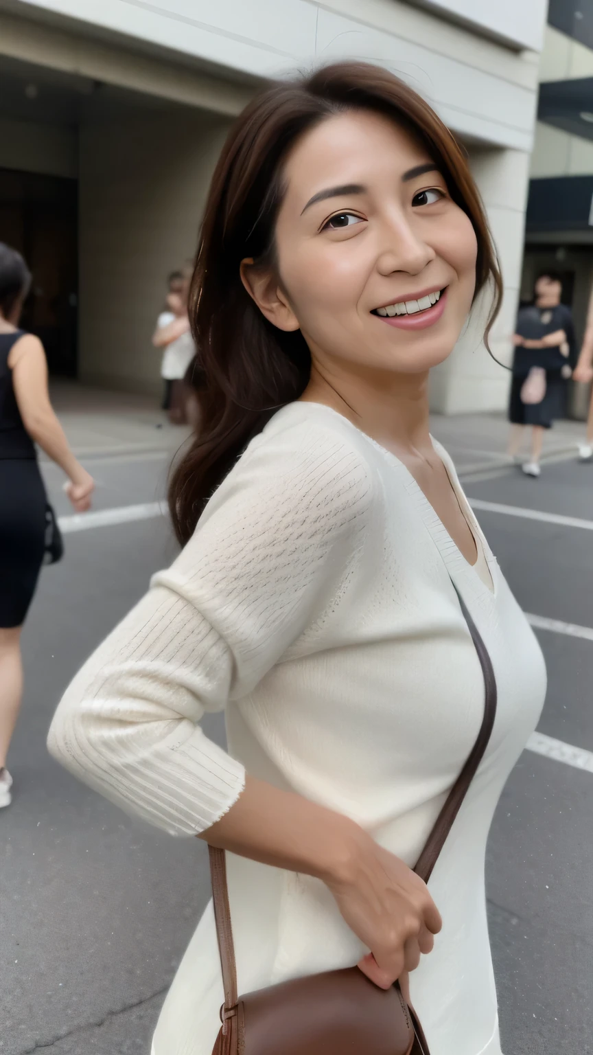 NSFW, ((highest quality)), ((8K)), ((masterpiece:1.3)), (perfect look), ((woman looking back)), sidewalk in office district, run through the crowd, one japanese woman, 47 years old, married woman, Wedding ring on the left ring finger, facial wrinkles:1.2, wrinkles around the eyes:0.8, tear bags around the eyes, double eyelid, light knit short sleeve sweater, Shoulder bag, Wide pants that are tight around the hips, long hair, (ウェーブしたlong hair), (hair waving in the wind), (running towards here), Raise one hand straight above your head and wave, The gaze is looking at us, big smile, high heels, ((whole body)), Angle looking up at a woman from her feet:1.2,