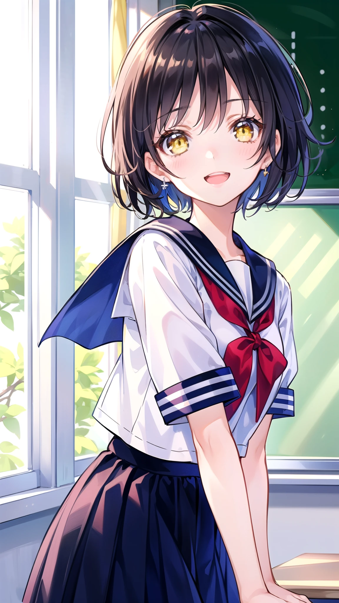 (masterpiece), (highest quality), (Super detailed), (beautiful illustrations), (pretty girl), (Better fingers), 1 girl, black hair, short hair, yellow eyes, dark blue, Detailed sailor suit, red ribbon, short sleeve, 16 years old ,smile, Thinly opened mouth, Close-up, proximity, school classroom, From before, Upper body,