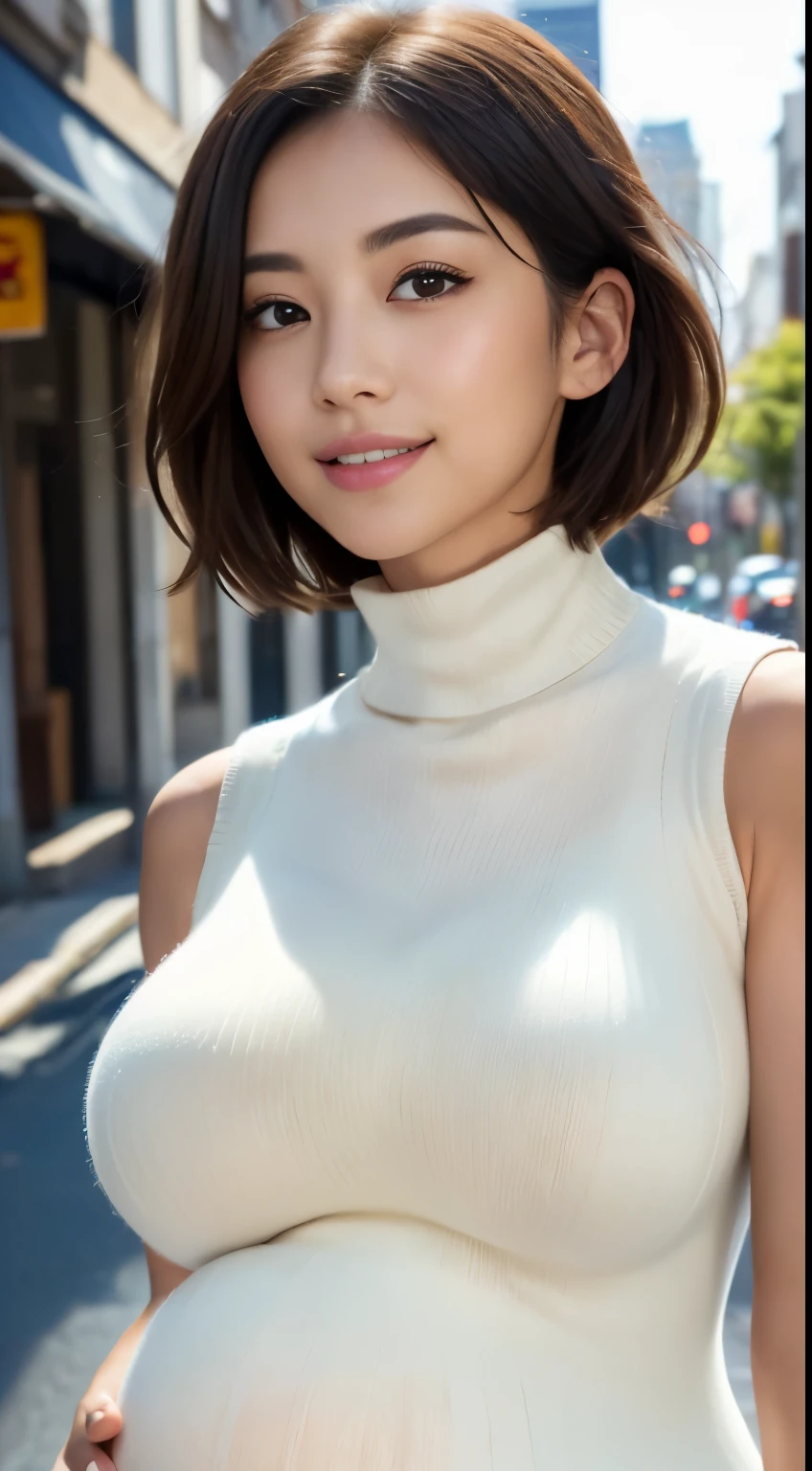 (8K, 超A high resolution, Best quality, masutepiece:1.2)、RAW portrait of japanese girl、超A high resolution、top-quality、 (huge-breasted,:1.6)、((huge pregnant:1.3))、｛Hide all breasts:1.2｝｛Off-white shorts:1.5｝、(Wear a white sleeveless turtleneck sweater:1.5)、(hand to hip:1.6)、(In the street:1.2) Break (Natural skin texture、Detailed skin、Hyper-realism、ultra-sharpness)、intricately details、depth of fields、Sexy adult woman、Black hair short hair、toned butt、((tmasterpiece、top-quality、high detal))、(Photorealsitic:1.4)、solo、Keep one's mouth shut、Smile happily、largeeyes、Distinct double eyelids、eyeslashes、Long neck、Absolute area、Clean collarbone、face perfect、Thin lips、a small face、(Gaze towards the viewer、highlights in the eyes、Light brown eyes、Gloss on lips)、(The entire body is shown from the side:1.3)