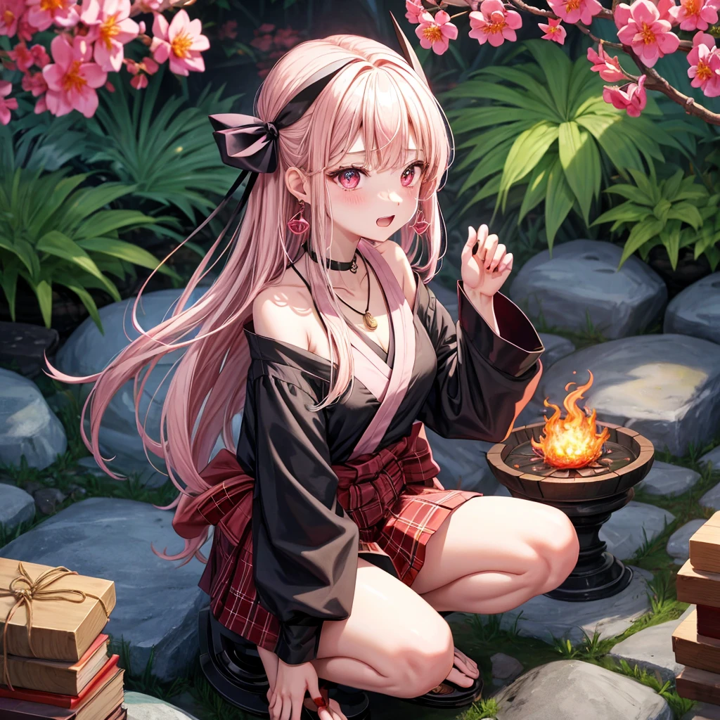 pink black blonde、red eyes、one good looking girl、solo、anime、plaid mini skirt、black camisole、black t-shirt、kimono、wearing a ribbon、ribbon at waist、stone slabs are piled up、crystal earrings、jewelry necklace、Light and shadow、clock、universe、vine plant、petal、tilting one's face、teeth are visible、fire spirit、book of magic、Cube、bamboo forest、lava、Plum blossom、squatting down