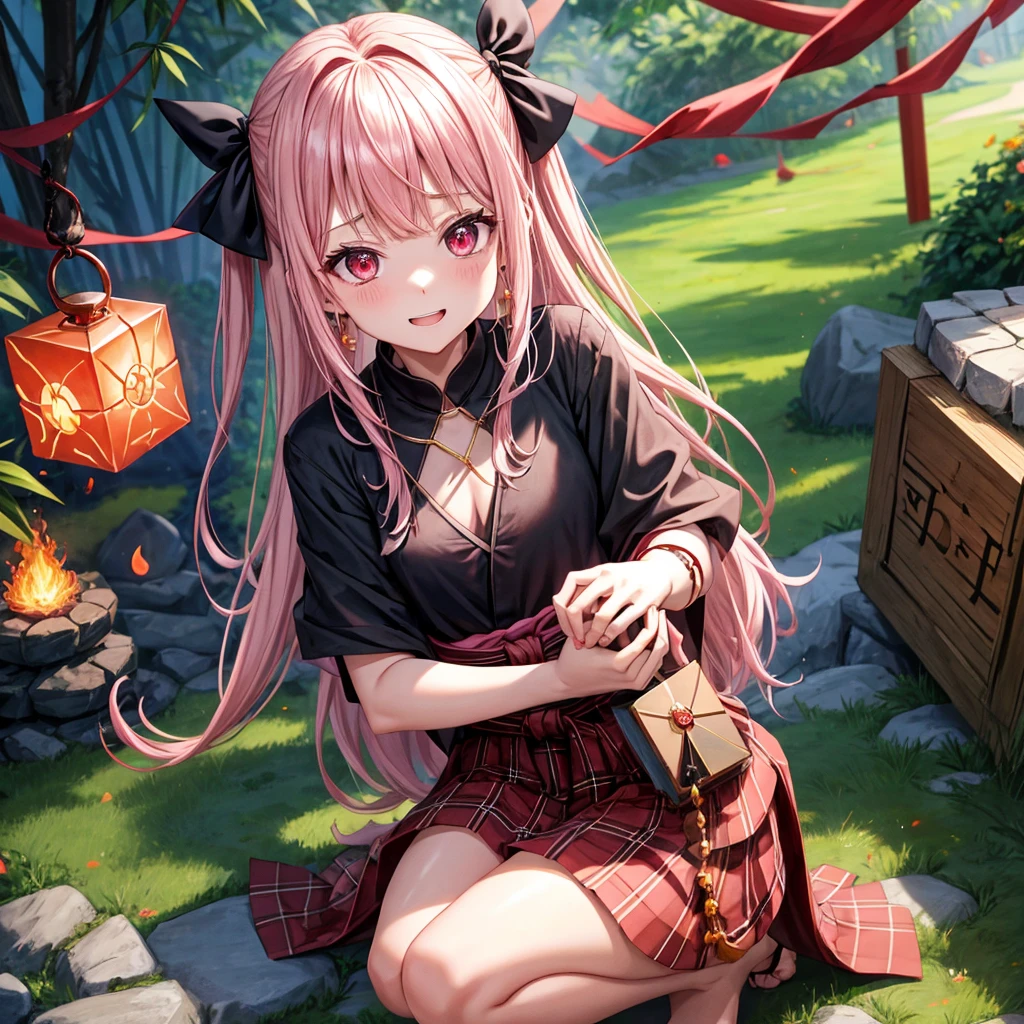 pink black blonde、red eyes、one good looking girl、solo、anime、plaid mini skirt、black camisole、black t-shirt、kimono、wearing a ribbon、ribbon at waist、stone slabs are piled up、crystal earrings、jewelry necklace、Light and shadow、clock、universe、vine plant、petal、tilting one's face、teeth are visible、fire spirit、book of magic、Cube、bamboo forest、lava、Plum blossom、squatting down