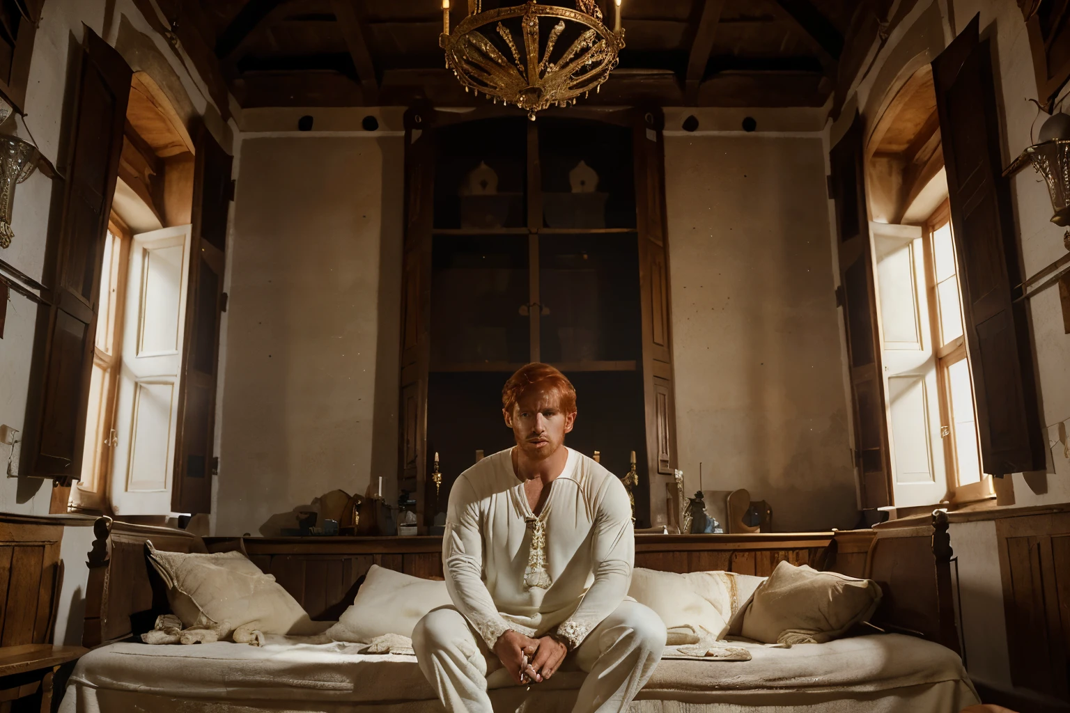 Italy, 1348. Wide shot, ((((32-year-old)) Merthin Fitzgerald)), handsome, athletic, sitting in his italian mansion, luminous white bedroom, ((grief expression)). ((((clothings from the 1340s)))), ((redhead hairstyle of the 1340s))