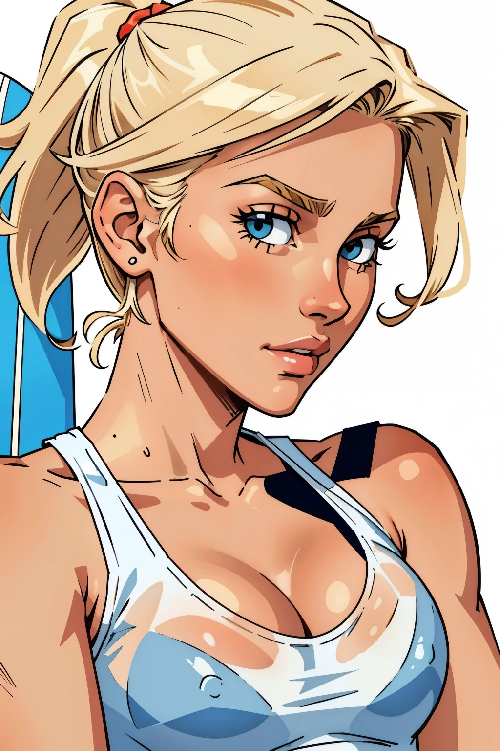 Flat colors, close up, portrait of a 25 year old surfer looking girl, tan skin, beach blonde salty hair, natural beaty, beautiful, casual, see thru tank top, Cleavage simply white background