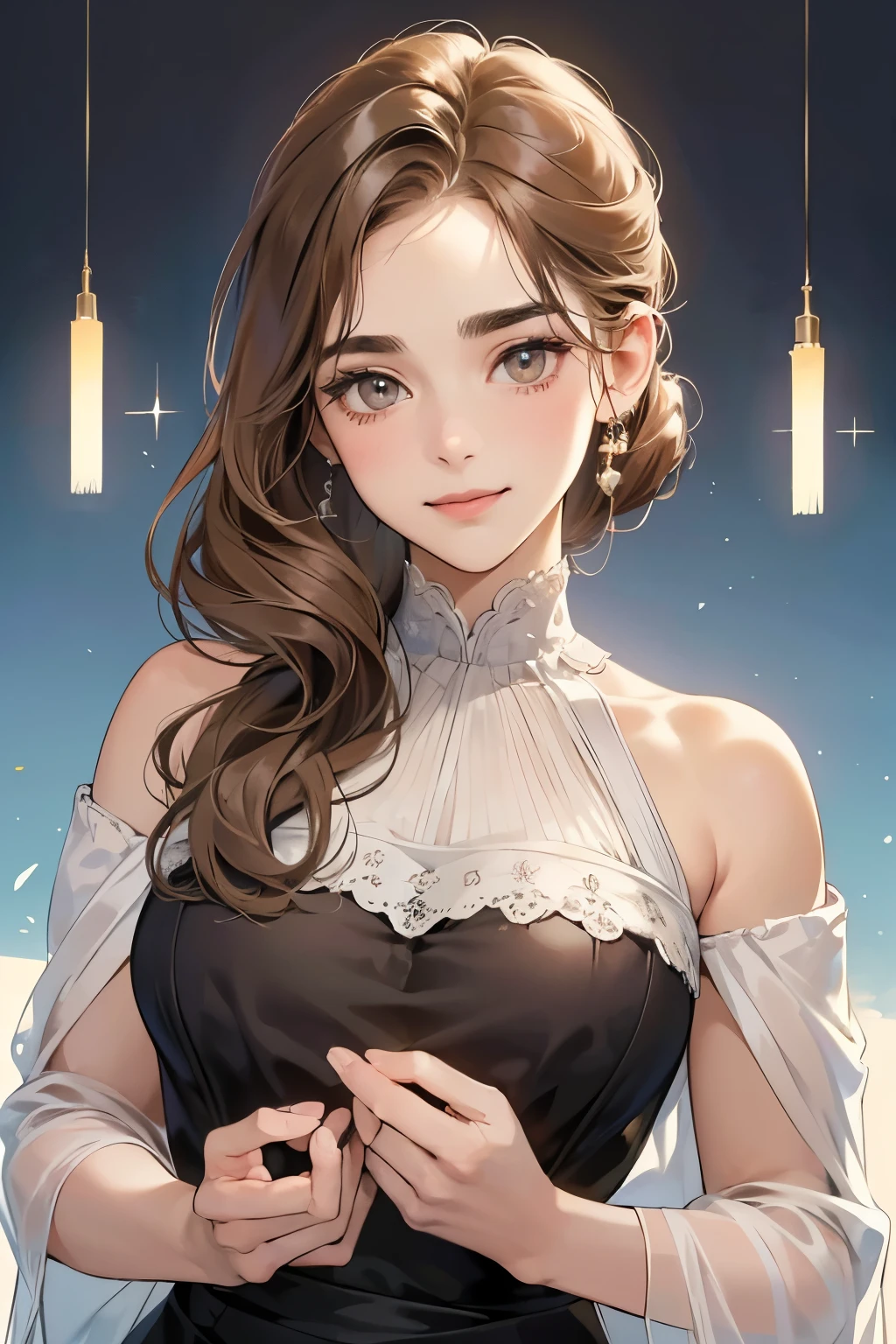 (table top, digital art, digital illustration, 4k, 8K, Super detailed, beautiful images, clear image, realistic, Raw photo, perfect face, perfect lines, perfect eyes, soft lighting) 1 female, (light brown hair,chignon hair,innocent look,droopy eyebrows,droopy eyes,With a round face,round chin、innocence,cute,Big eyes,natural makeup,smile gently,E cup,23 years old:1.3),Two handsome men in suits, (human,man wearing a suit,muscular,solid shoulder width,adult male,boyish hairstyle,A man in his 30s with a cool expression,28 year old man with a bright smile:1.2)、Department store、Department Pa Underground、Cosmetics department、paints、couple、coupleキス、romance porn、見つめ合うcouple、ハグし合うcouple