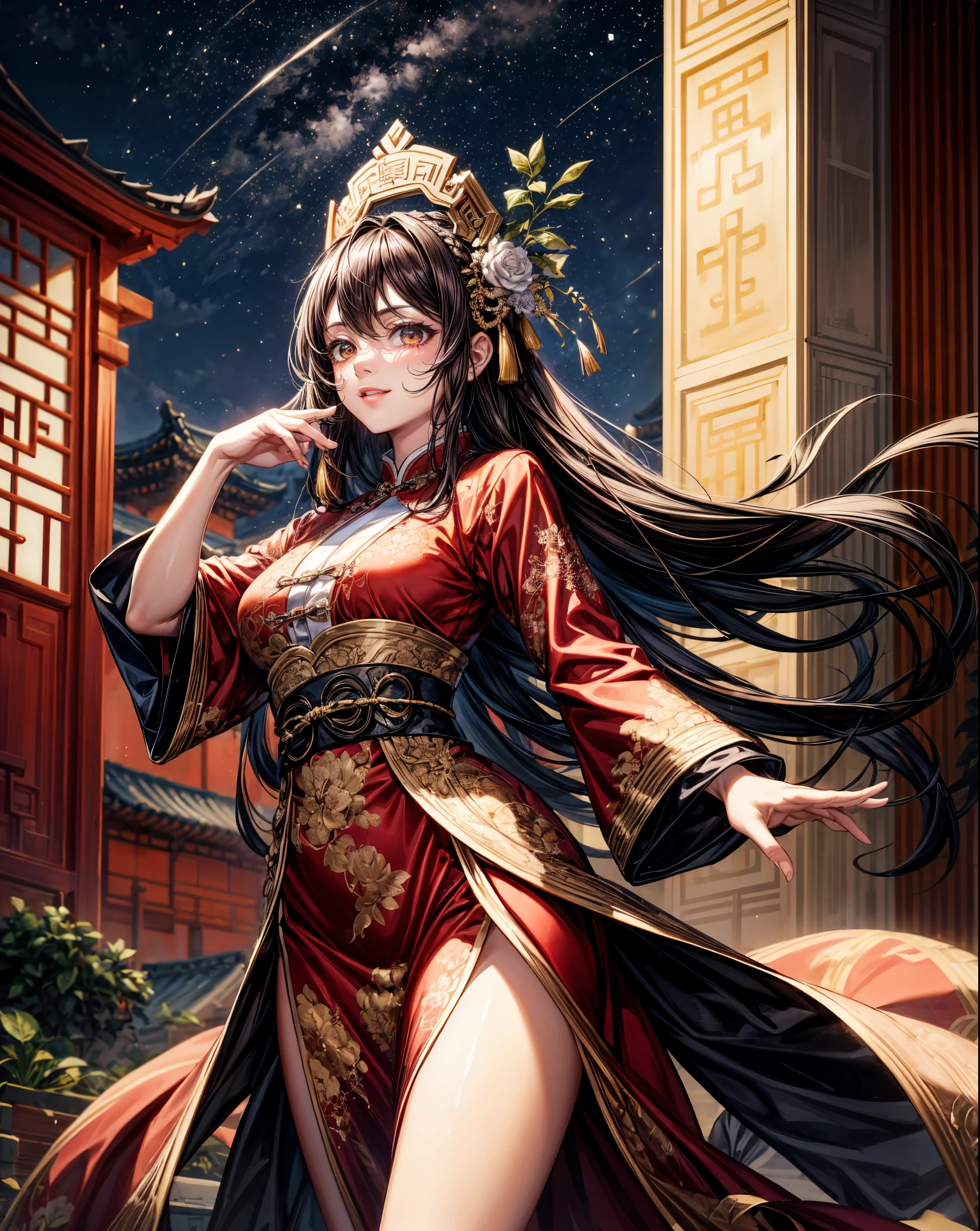 masterpiece,highest quality,Ultra high definition, Tang Dynasty, Beauty, Red Traditional Chinese Costume, Palace, Elegant, Classical Beauty,black hair, brown eyes,smile, a beautiful night view