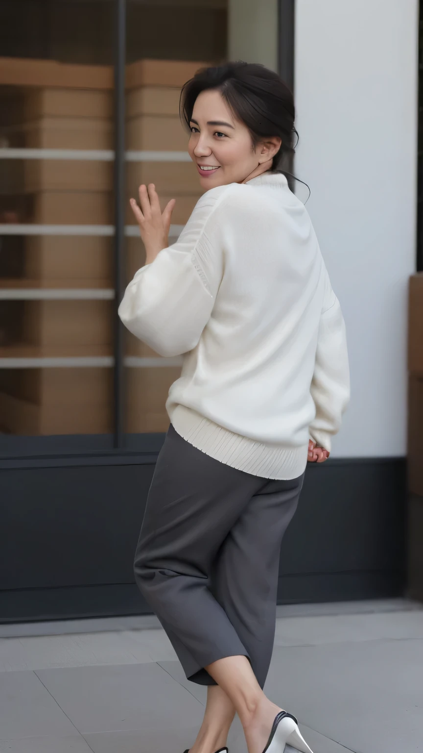 NSFW, ((highest quality)), ((8K)), ((masterpiece:1.3)), (perfect look), ((woman looking back)), sidewalk in office district, run through the crowd, one japanese woman, 47 years old, married woman, Wedding ring on the left ring finger, facial wrinkles:1.2, wrinkles around the eyes:0.8, tear bags around the eyes, double eyelid, light knit short sleeve sweater, Shoulder bag, Wide pants that are tight around the waist, long hair, (ウェーブしたlong hair), (hair waving in the wind), (running towards here), Raise one hand straight above your head and wave, The gaze is looking at us, big smile, high heels, ((whole body)), Angle looking up at a woman from her feet:1.2,