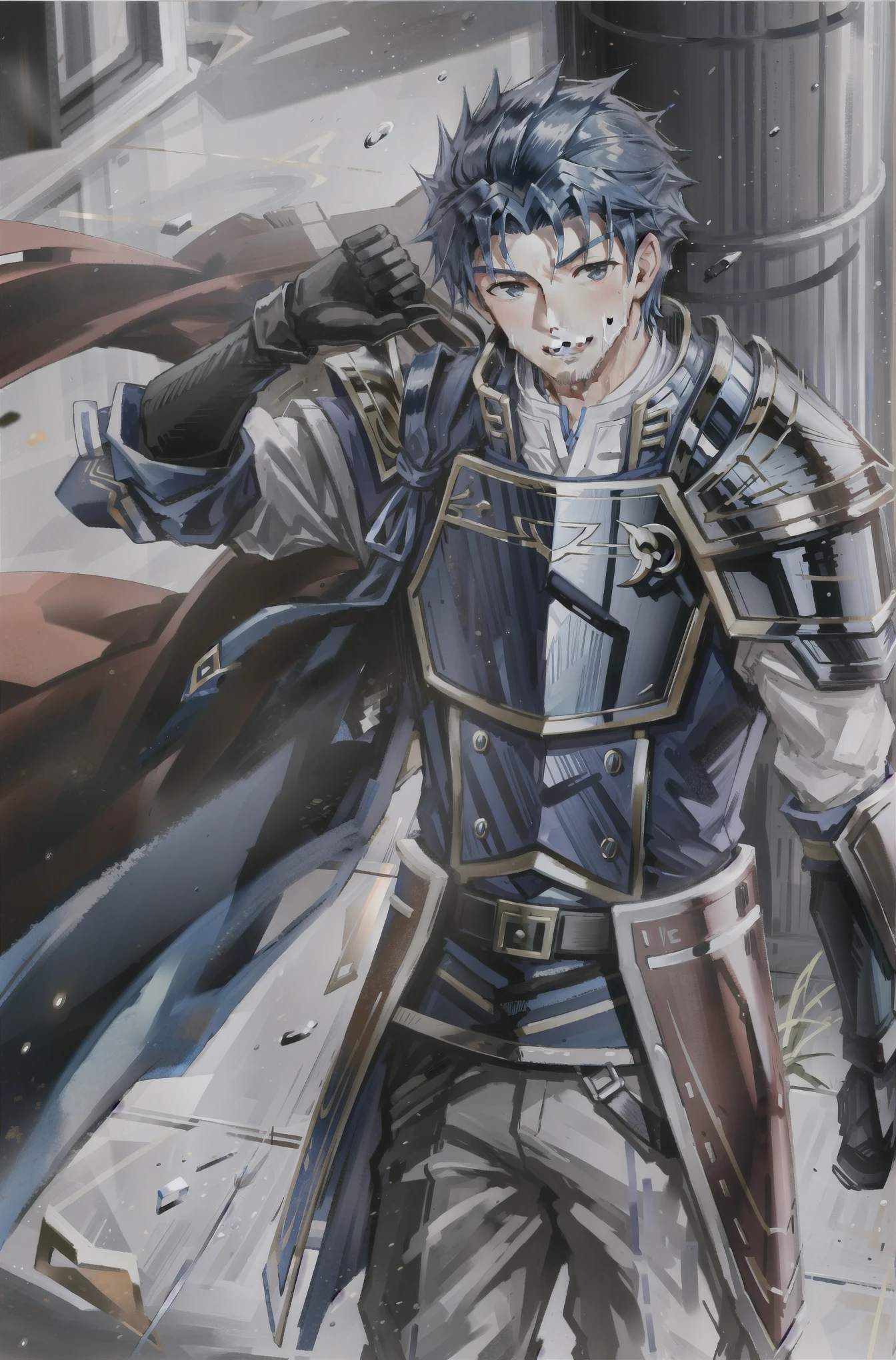 Hector Fey, Solo, Looking at the Audience, Smile, Open Mouth, Sweat, Get Wet, Get Wet, Drooling, Gloves, 1boy, Sitting (straddling), Male focus, Crotch view, Crotch close-up, Tie, Coat, Pectoral (Sweating of Pectoral Muscles), Abs (Sweating of Abs), From Below, Castle View