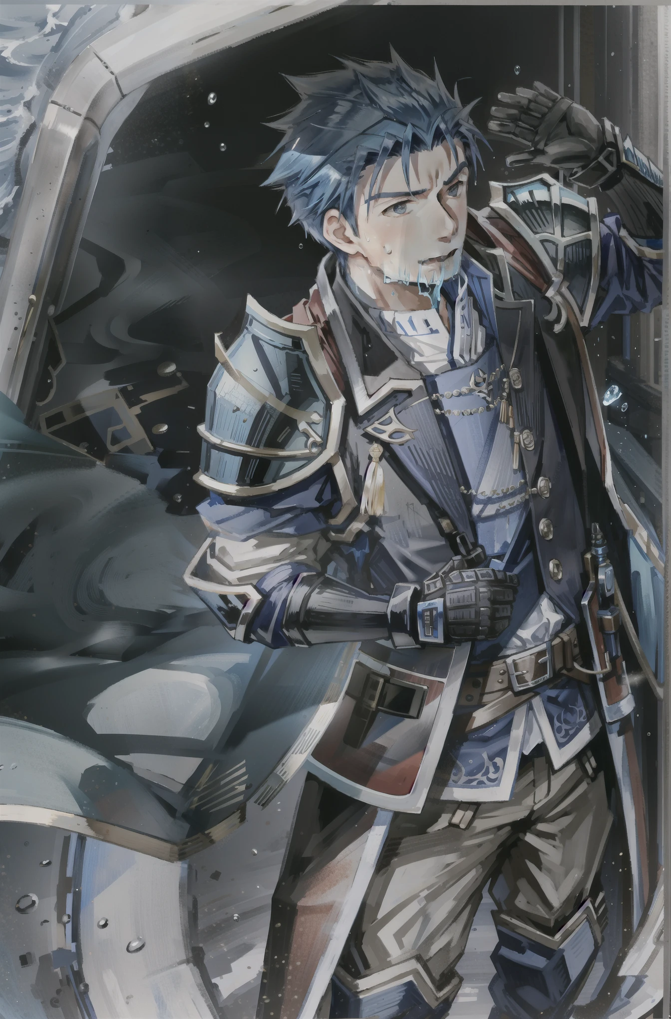 Hector Fay, soloist, looking at the audience, smiling, open mouth, sweat, get wet, wet, Slobber, Gloves, 1 boy, blue hair, male focus, tie, armor, from below,