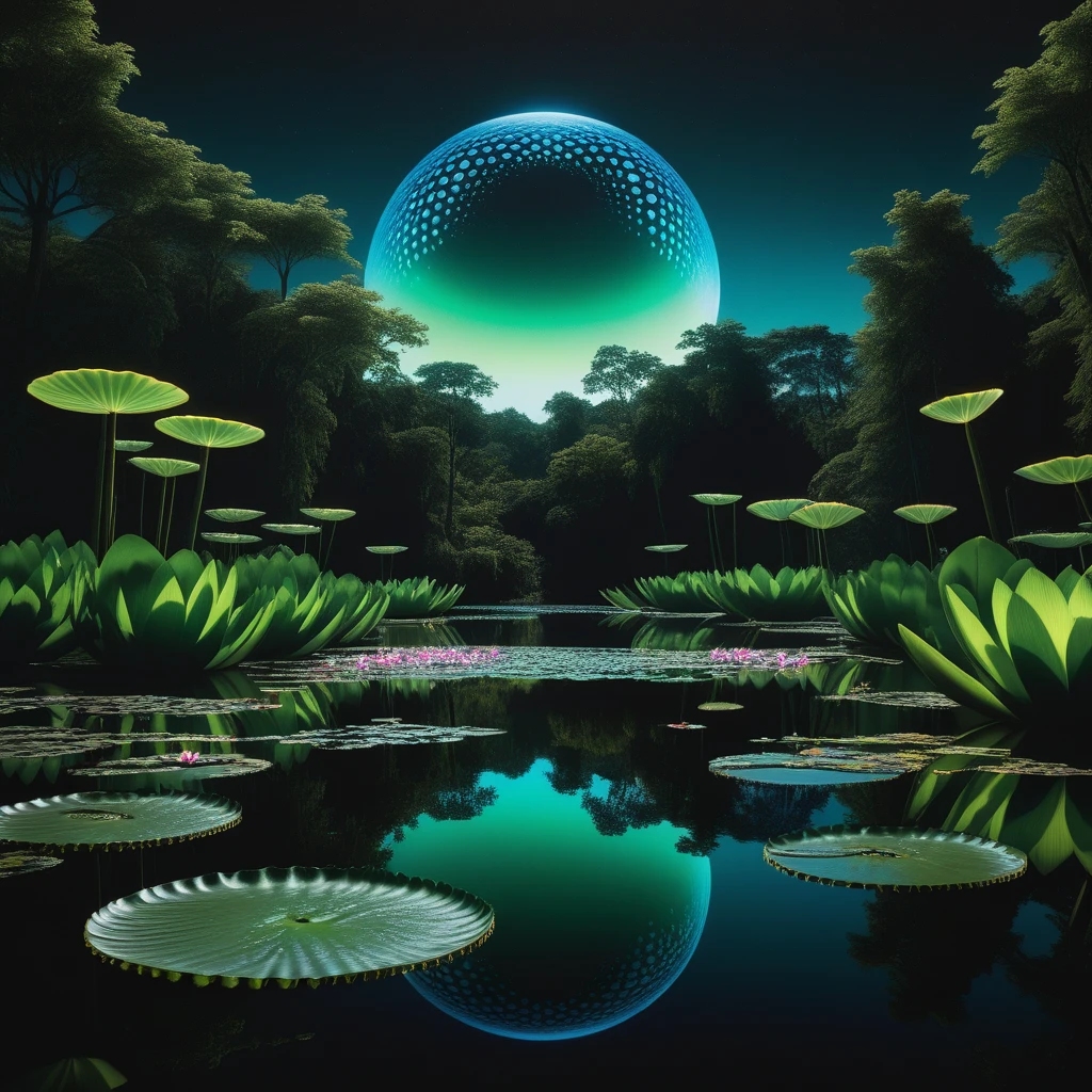 Surreal reflective art of a night scene, water lily cushioning an alien creature with immense eyes, eyes casting a hyperreal cosmic expanse mirror image onto the lake's surface, double refractive exposure effect, imbued with neon glow, depth of abstract black oil textures, mechanical gear elements integrated into its form, acrylic precision revealing detailed grunge aesthetics, complexity of design, rendered in Unreal Engine for photorealistic quality, with the caliber of 8k artistic photography. High Resolution, High Quality, Masterpiece. best quality, masterpiece, super detail