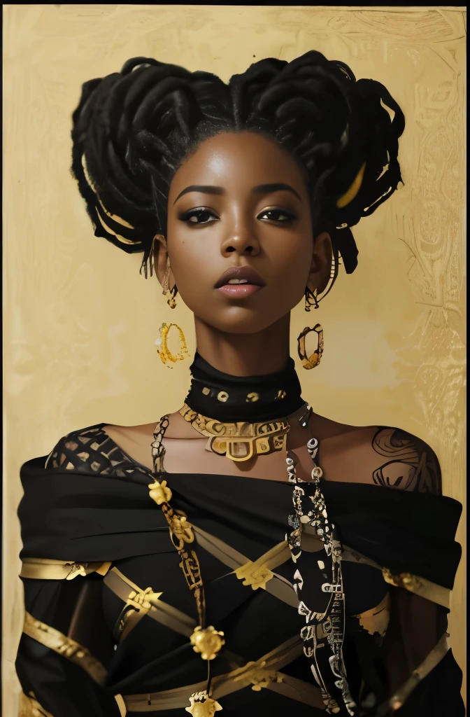 Close-up of a woman wearing a black dress and gold jewelry, black african princess, black woman, inspired Tim Okamura, Maria Borges, Tim Okamura, Sleek black lioness, african queen, african princess, ebony rococo, portrait of willow smith, Wanjichi Mutu, dark skinned god, Black Art, ebony