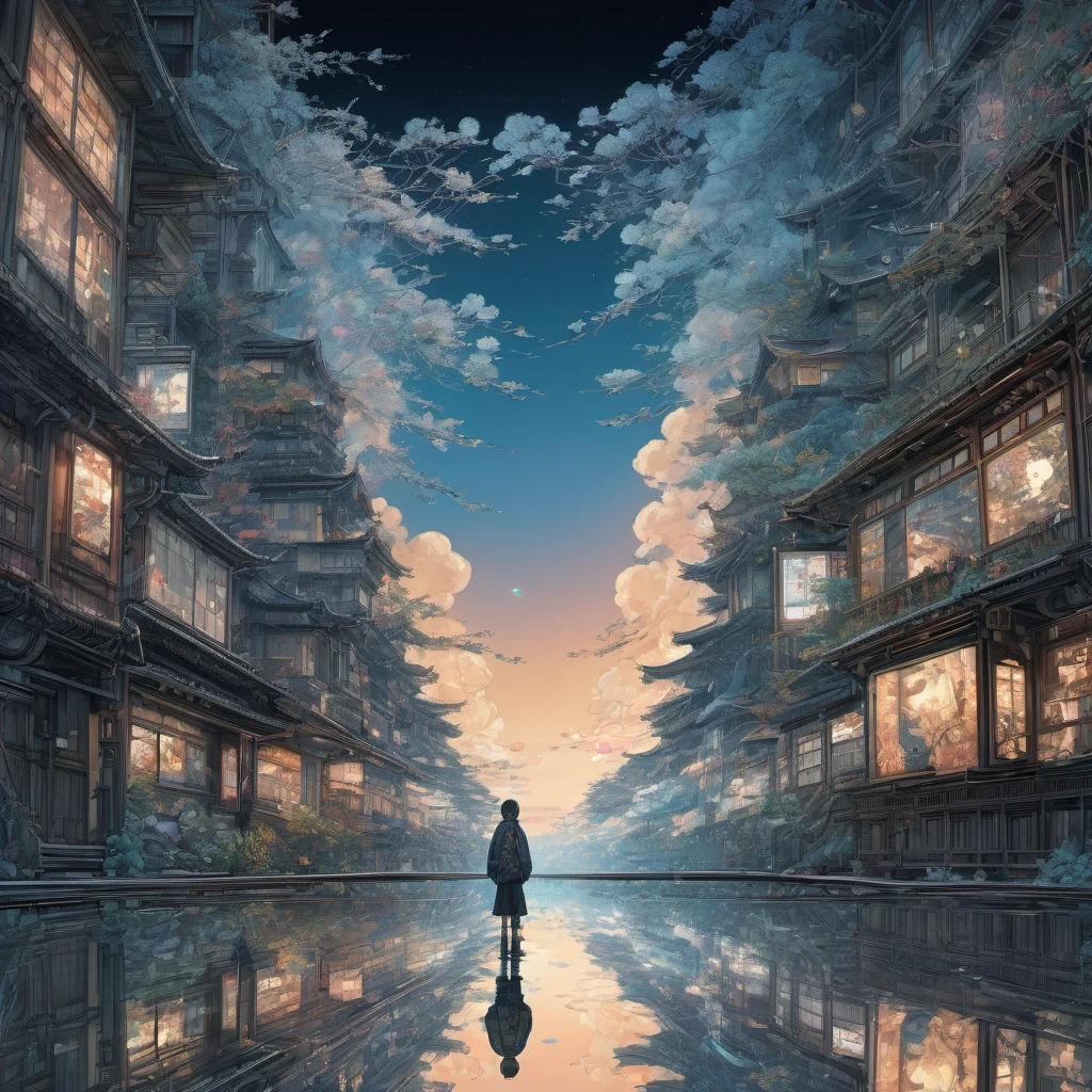 Reflection, aesthetic, extremely detailed, Reflection of Tsutomu Nihei, Anime, fantasy illustration, award winning, intricate details, realistic, Hyperdetailed, 8k resolution, symmetrical, strong strokes
