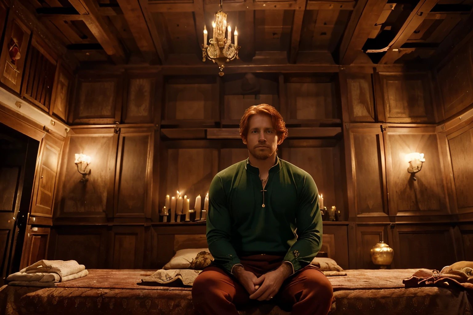 Italy, 1348. ((Wide shot)), ((((32-year-old)) Merthin Fitzgerald)), handsome, athletic, sitting in his italian mansion, luminous luxurious bedroom, ((grief expression)). ((((clothings from the 1340s)))), ((redhead hairstyle of the 1340s))