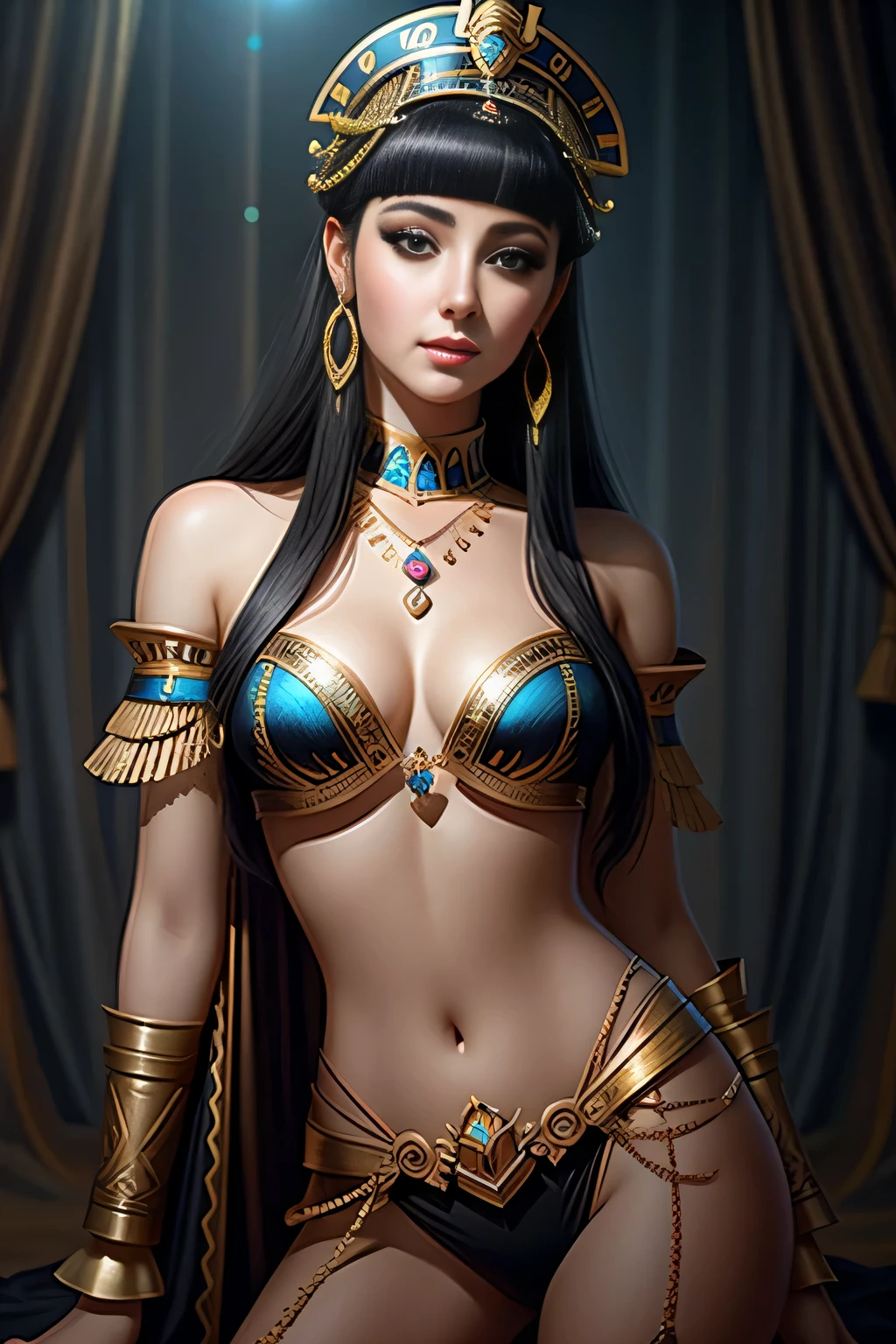 Cleopatra as a modern woman 2023, (((2/3 body shot))), The corners of the eyes are slender, Black sky blue gold, RAW style, Trends on ArtStation, Trends on pixiv, Trends on Pinterest