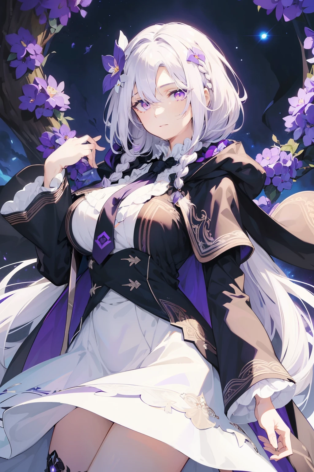 (best quality:1.3), (masterpiece:1.3), (illustration:1.3), (ultra-detailed:1.3), 1girl, (((large breasts))), ((((purple eyes))), (((white hair))), hair ornaments, tall, mature, long hair, upper body, black suit, necktie, cloak, long sleeves, skirt, dressaug, hair between eyes, purple flowers, looking at viewer, hair ornament, night sky, glowing purple flowers, french braids,