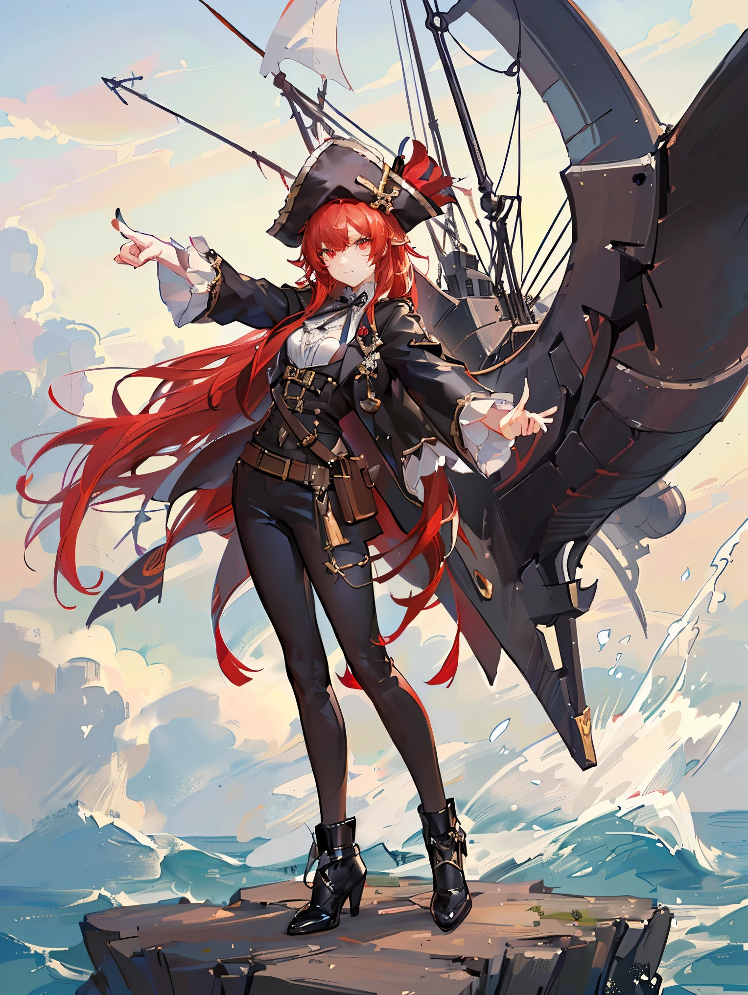 High, long red hair, red eyes, delicate and beautiful facial features, meticulously drawn eyes with detailed pupils, entire body, standing at the bow of a medieval galleon ship,(( right arm straight forward pointing ahead)), tattoo, pirate hat, pirate pants, anchor, 8K, HD, excellent detail throughout, (side shot), 8K, (masterpiece, top quality, ultra-fine).