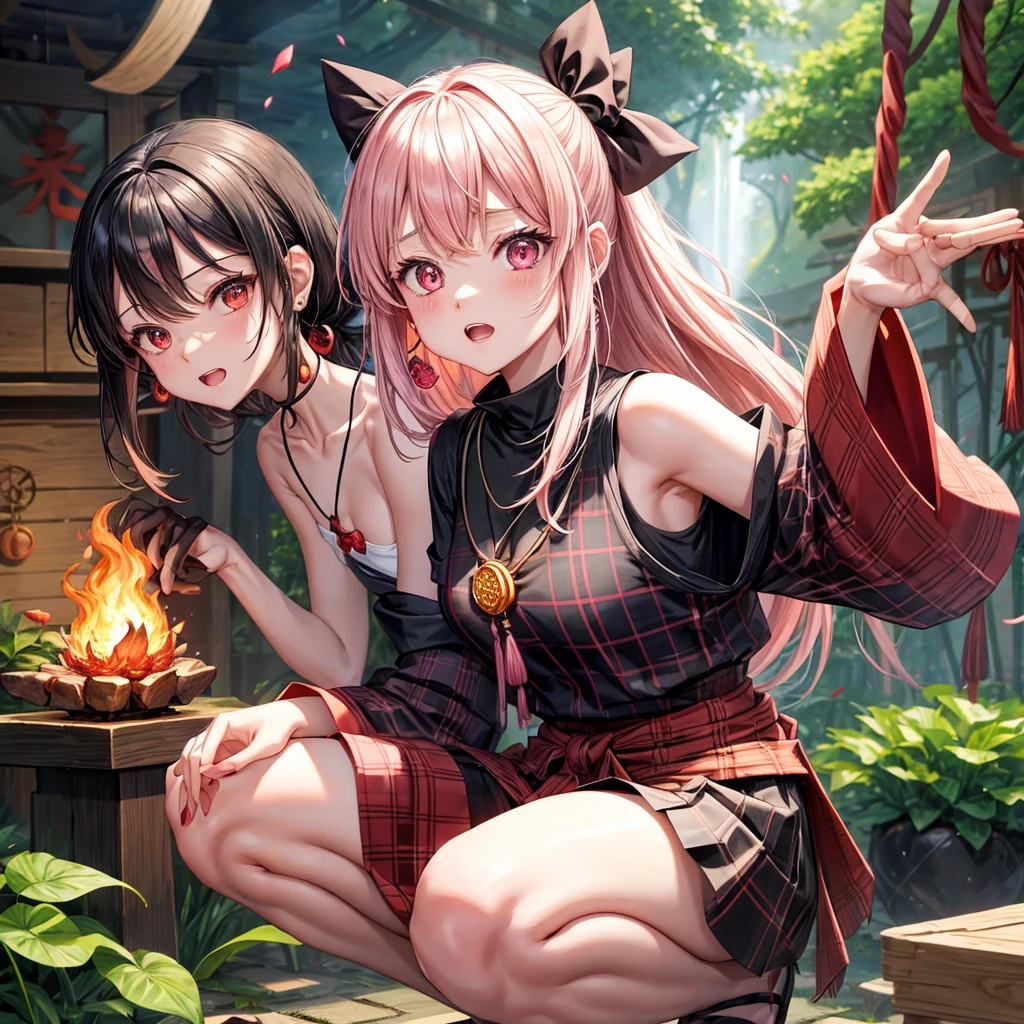 pink black blonde、red eyes、one good looking girl、solo、anime、plaid mini skirt、black camisole、black t-shirt、kimono、wearing a ribbon、ribbon at waist、stone slabs are piled up、crystal earrings、jewelry necklace、Light and shadow、clock、universe、vine plant、petal、tilting one's face、teeth are visible、fire spirit、book of magic、Cube、bamboo forest、lava、Plum blossom、squatting down