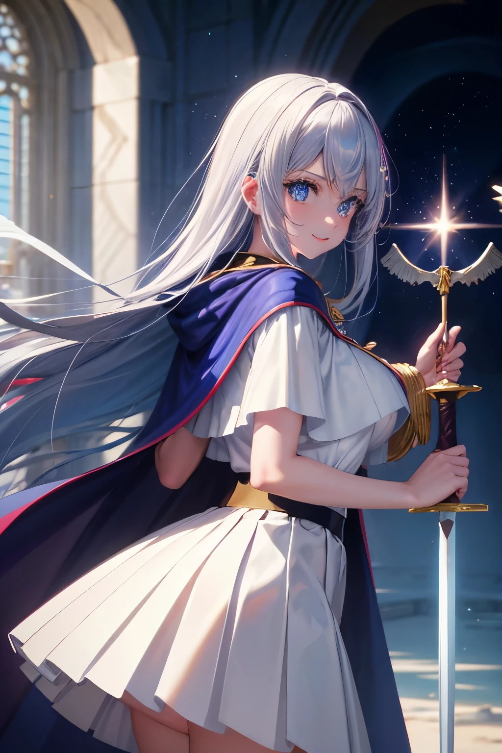 Close-up Straight ahead of a picture of a person holding a Staff, Official fine art，Cloak, tmasterpiece，winged angel, Sharp focus, Priest, fantasy Magician, Yugioh Art Style, shadowverse style, arch Magician, holding a sword and a clock in background ，South Korean beauties，a kingdom in the distance, Delicate and beautiful hair and eyes and face，realisticlying，ultra - detailed，a beauty girl，blue-sky，Glowing white particles,(sidelighting:1.2),rays of ,Slender,Cute big breasts and big buttocks,Toothy laughter,((Laugh and open your eyes)),scenecy,Long straight hair, sexy facial expression, Dynamic hair, Long straight hair, Delicate platinum-pink hair, (blue pleated shirt+white skirt), Black stocking, paleskin, hair adornments, epic landscapes