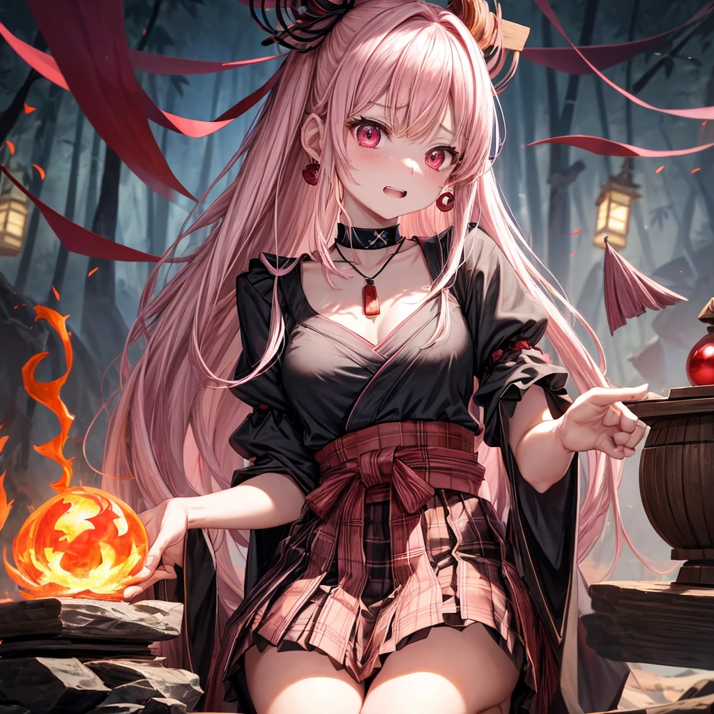pink black blonde、red eyes、one good looking girl、solo、anime、plaid mini skirt、black camisole、black t-shirt、kimono、wearing a ribbon、ribbon at waist、stone slabs are piled up、crystal earrings、jewelry necklace、Light and shadow、clock、universe、vine plant、petal、tilting one's face、teeth are visible、fire spirit、book of magic、Cube、bamboo forest、lava、Plum blossom、squatting down