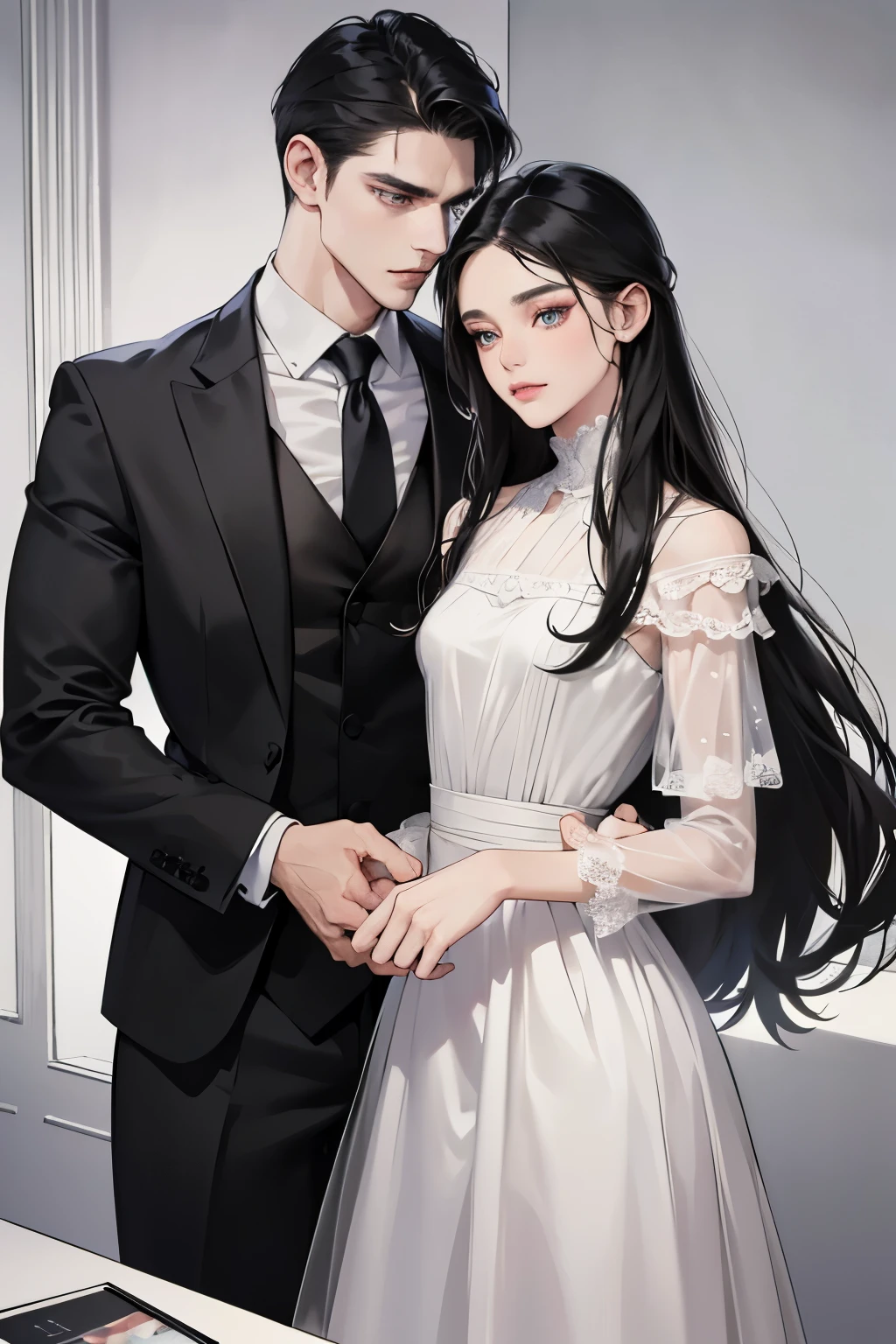 (table top, digital art, digital illustration, 4k, 8K, Super detailed, beautiful images, clear image, realistic, Raw photo, perfect face, perfect lines, perfect eyes, soft lighting) 1 female, (long black hair,straight hair,bullish look,beautiful woman,Beautiful dress、solid makeup,23 year old female,small breasts:1.3),secretary, Two handsome men in suits, (human,man wearing a suit,muscular,solid shoulder width,adult male,boyish hairstyle,british gentleman's style,A man in his 30s with a cool expression,28 year old man with a bright smile:1.2),couple、coupleキス、romance porn、見つめ合うcouple、Department Pa Underground、Cosmetics department、cosmetics、color palette