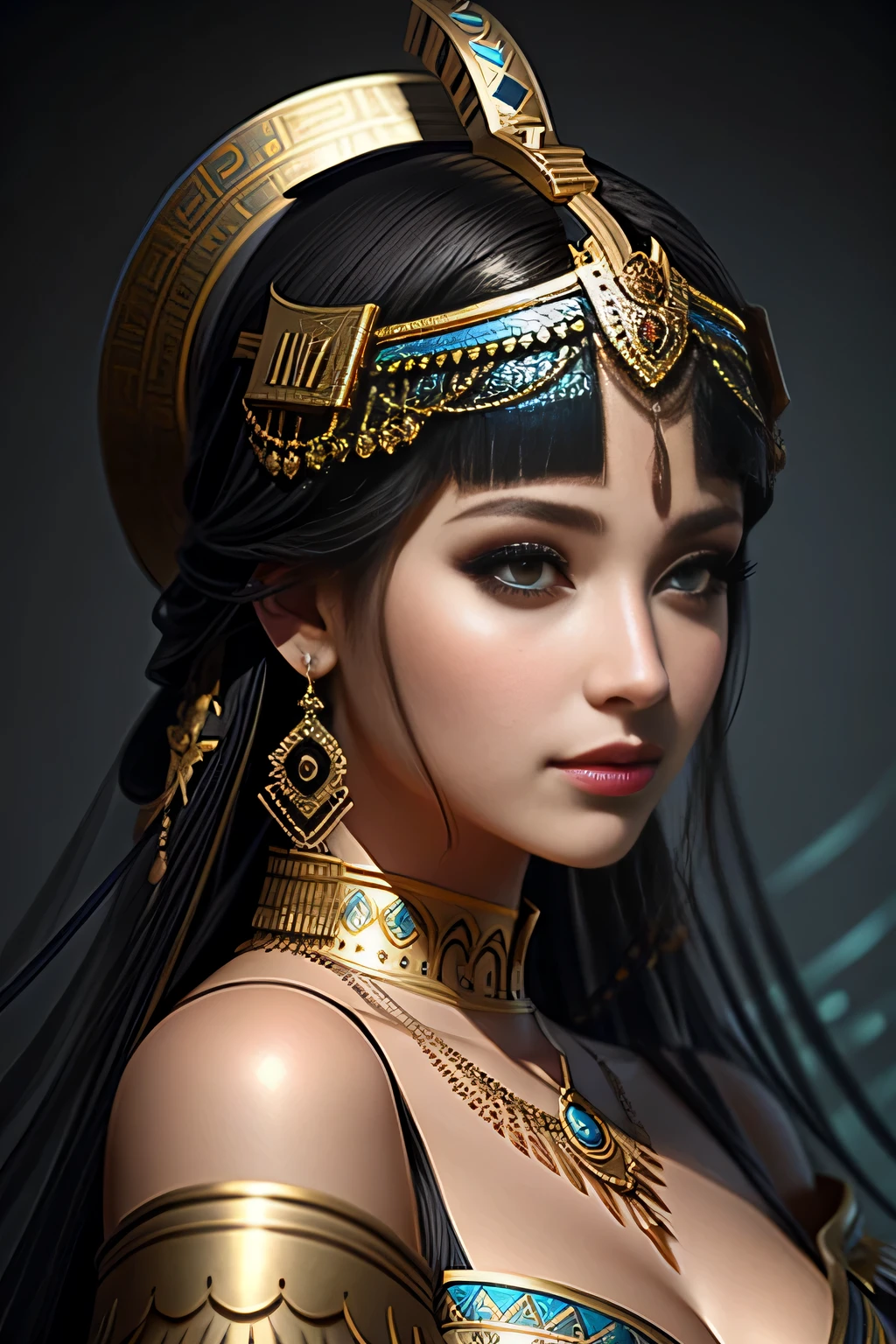 Cleopatra as a modern woman 2023, (((medium shot))), The corners of the eyes are slender, Black sky blue gold, RAW style, Trends on ArtStation, Trends on pixiv, Trends on Pinterest