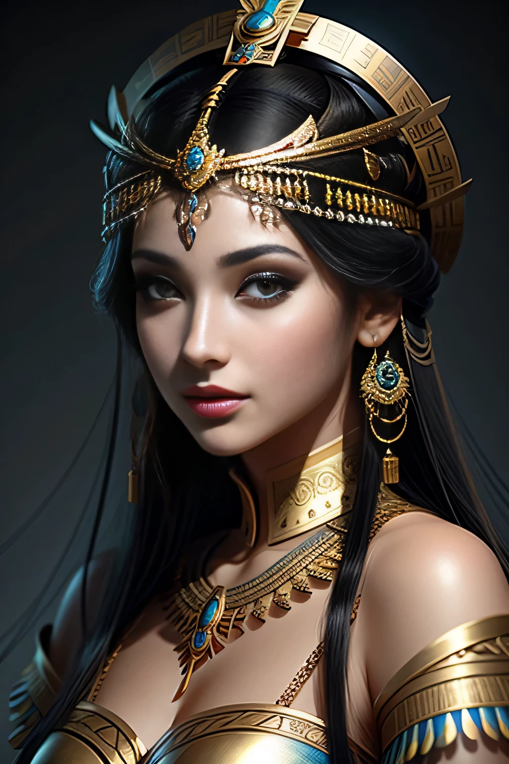 Cleopatra as a modern woman 2023, (((medium shot))), The corners of the eyes are slender, Black sky blue gold, RAW style, Trends on ArtStation, Trends on pixiv, Trends on Pinterest