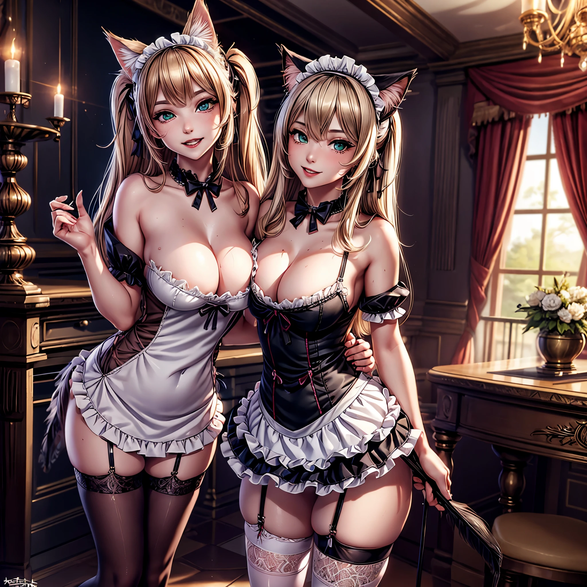 2 girls , full body picture, (girl standing sideways), big round butt, blond hair, blond catgirl ears, catgirls, green eyes, maid, maid uniform, feather duster, godess, mistress, posing, beautiful, detailed skin, hour glass figure, revealing clothing, jewelry, collar, stockings, lace, halterneck, (transparent clothing), detailed hands, perfect quality, good quality, masterpiece, HDD, UHD, ((light smile:1.1)),lustful gaze, smiling, sweaty, steamy atmosphere, mansion, well decorated household,