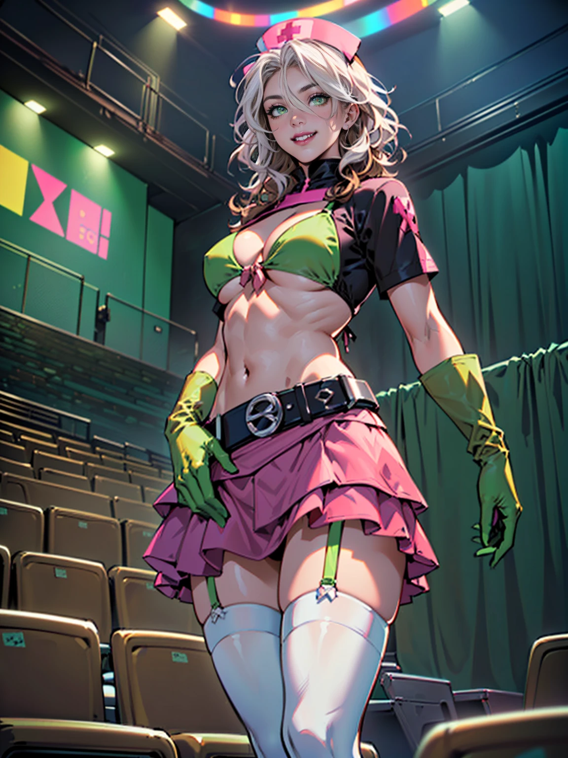(artwork:1.0), (best_quality:1.2), ((fitness, muscular)), ((Classic Rogue, 1991 Rogue X-Men, 1girl, solo, medium length hair, ((brown hair, Wavy hair, messy hair, a strand of white hair)), bow hair, green eyes, mischievous look, smiling, curvy figure, medium breasts, lipstick, fitness)), ((nurse cap, revealing clothes, shrug (clothing), short sleeves, (layered bikini:1.3), purple bikini, green bikini, green gloves, elbow gloves, pink belt, black skirt, microskirt, green thighhighs, garter straps, ( convention:1.5), (inside, auditorium, convention background), high ceiling, crowded))