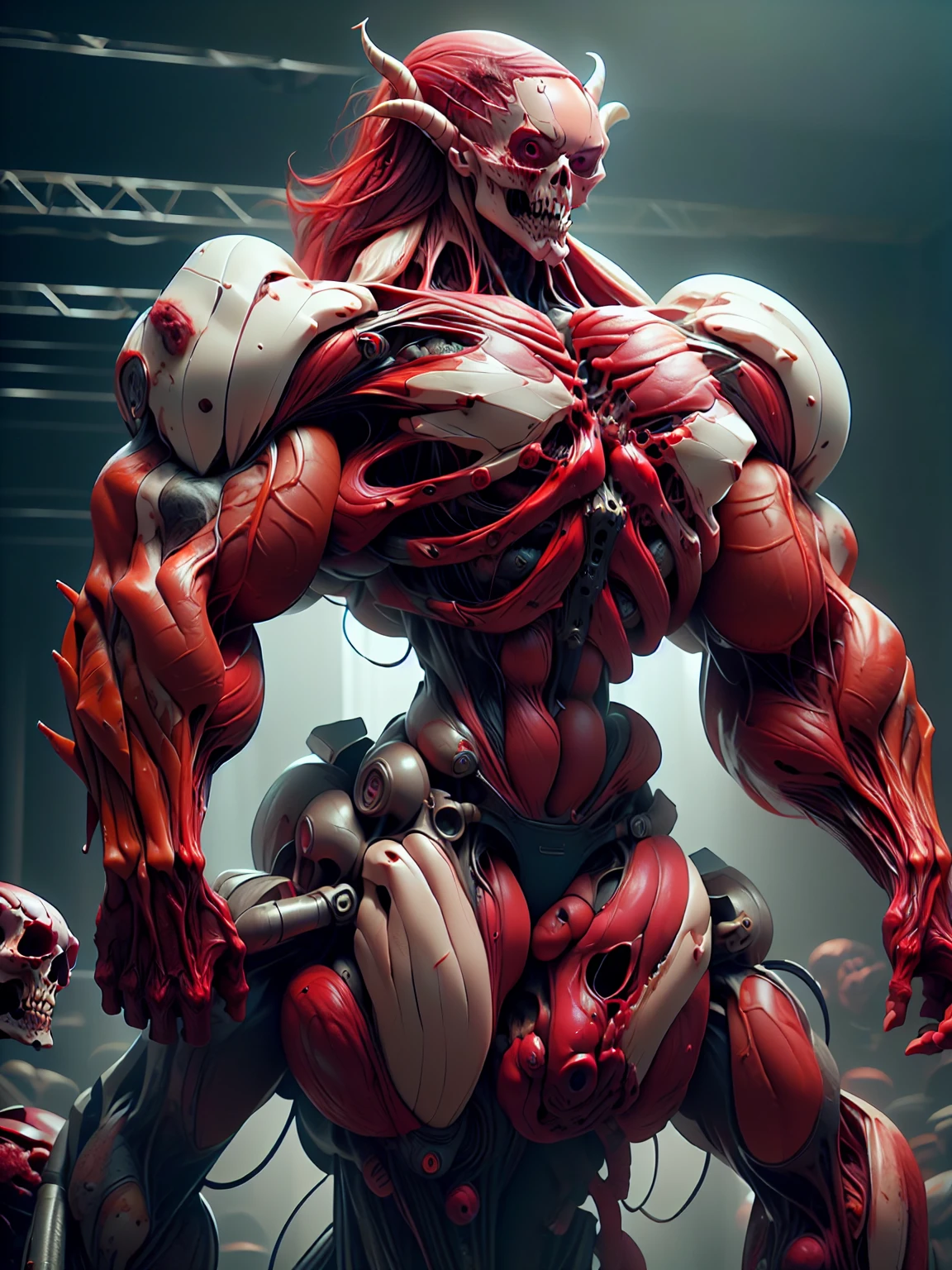 (1 girl), (megan fox:1.25), (carnage skinless physique:1.25), (1 super muscular undead skinless succubus with gigantic horns:1.25), (covered in red necrotic rotting skinless muscle:1.25), (exposed muscles & veins everywhere:1.25), (perfect fingers:1.25),(8k, RAW photo, photorealistic:1.25), dark horrific scary atmosphere, hellish landscape, Hellraiser like atmosphere,