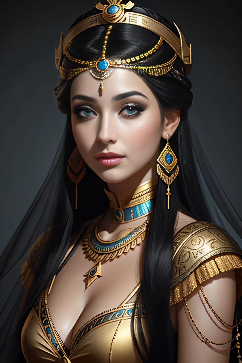 Cleopatra as a modern woman 2023, The corners of the eyes are slender, Black sky blue gold, The world's most detailed portrait photography, RAW style, Trends on ArtStation, Trends on pixiv, Trends on Pinterest