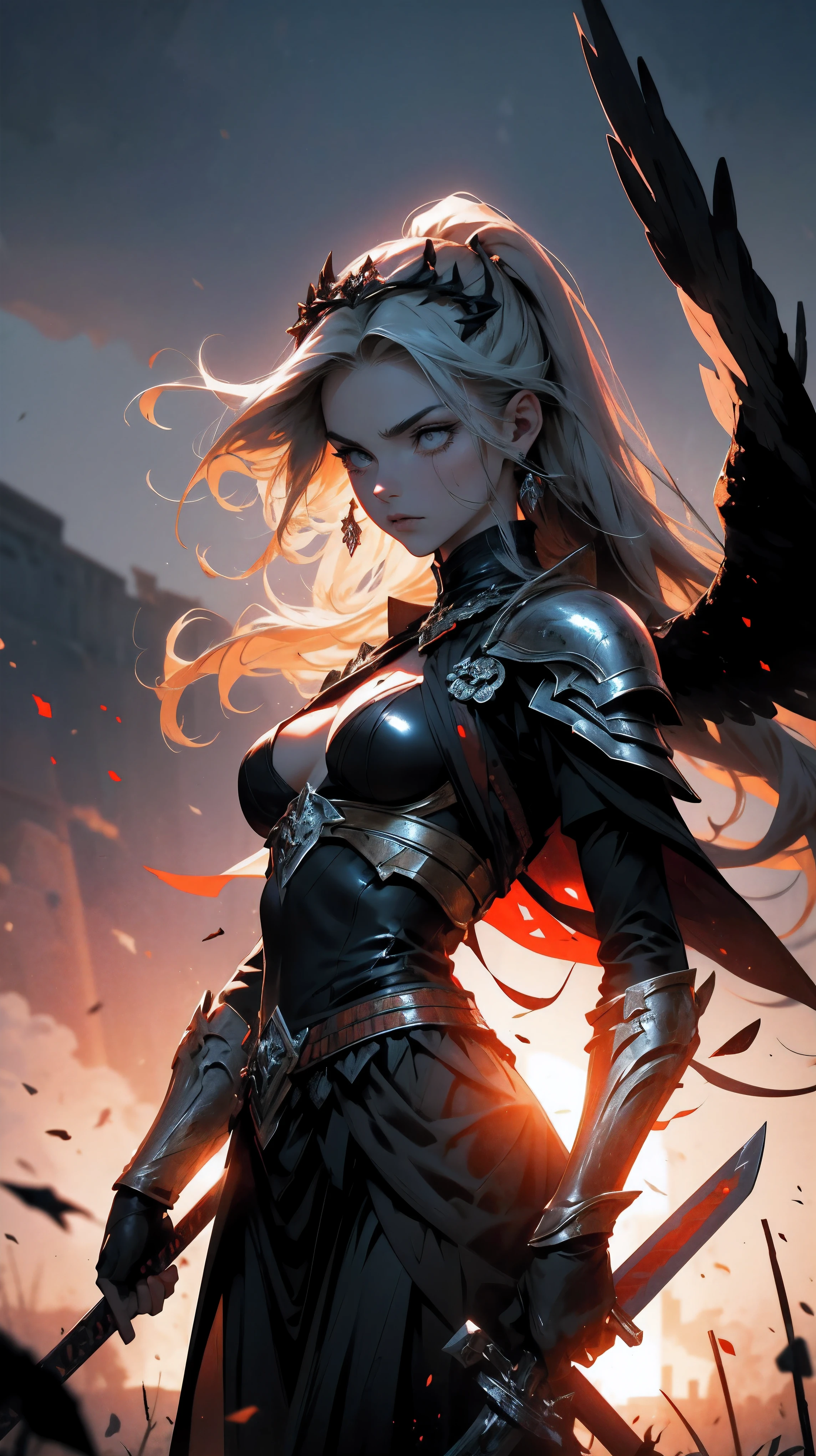 large silhouette of the goddess of war in the air with bloody sword in her hand, Best quality, masterpiece, super high resolution, (realism: 1.4), vast field, dead warriors bodies lying on the field, corpses, dark colors, gloomy, grim, foggy