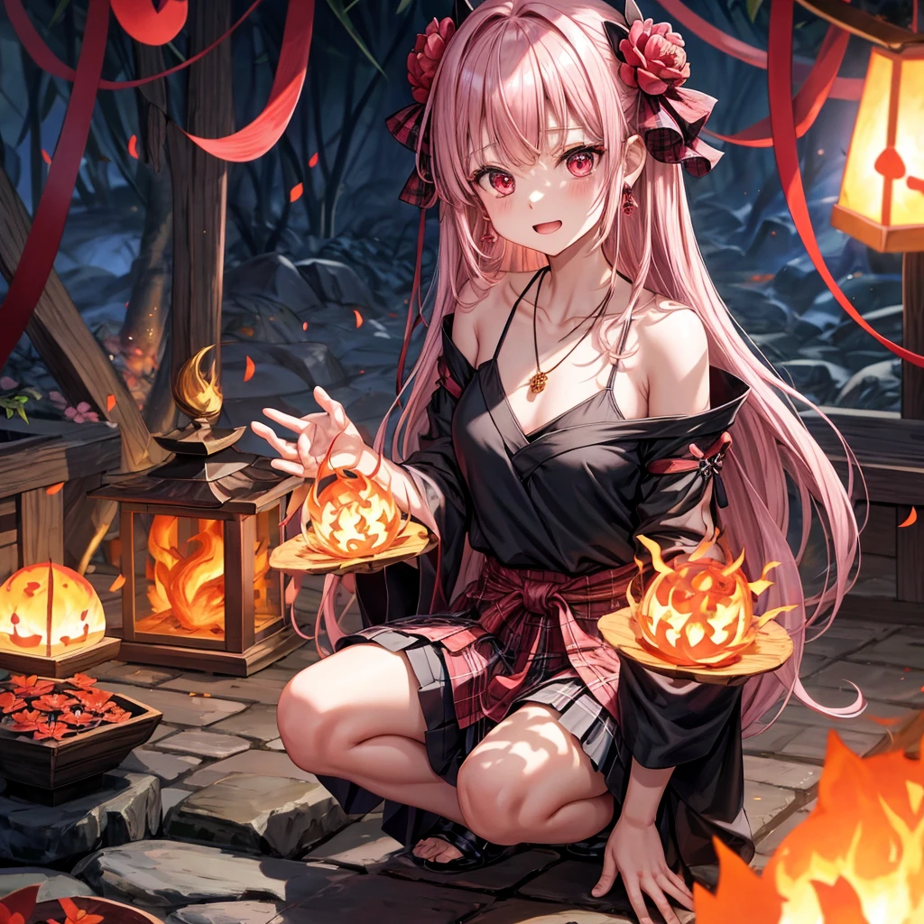 pink black blonde、red eyes、one good looking girl、solo、anime、plaid mini skirt、black camisole、black t-shirt、kimono、wearing a ribbon、ribbon at waist、stone slabs are piled up、crystal earrings、jewelry necklace、Light and shadow、walking、clock、universe、vine plant、petal、tilting one's face、teeth are visible、fire spirit、book of magic、Cube、bamboo forest、lava、Plum blossom、squatting down