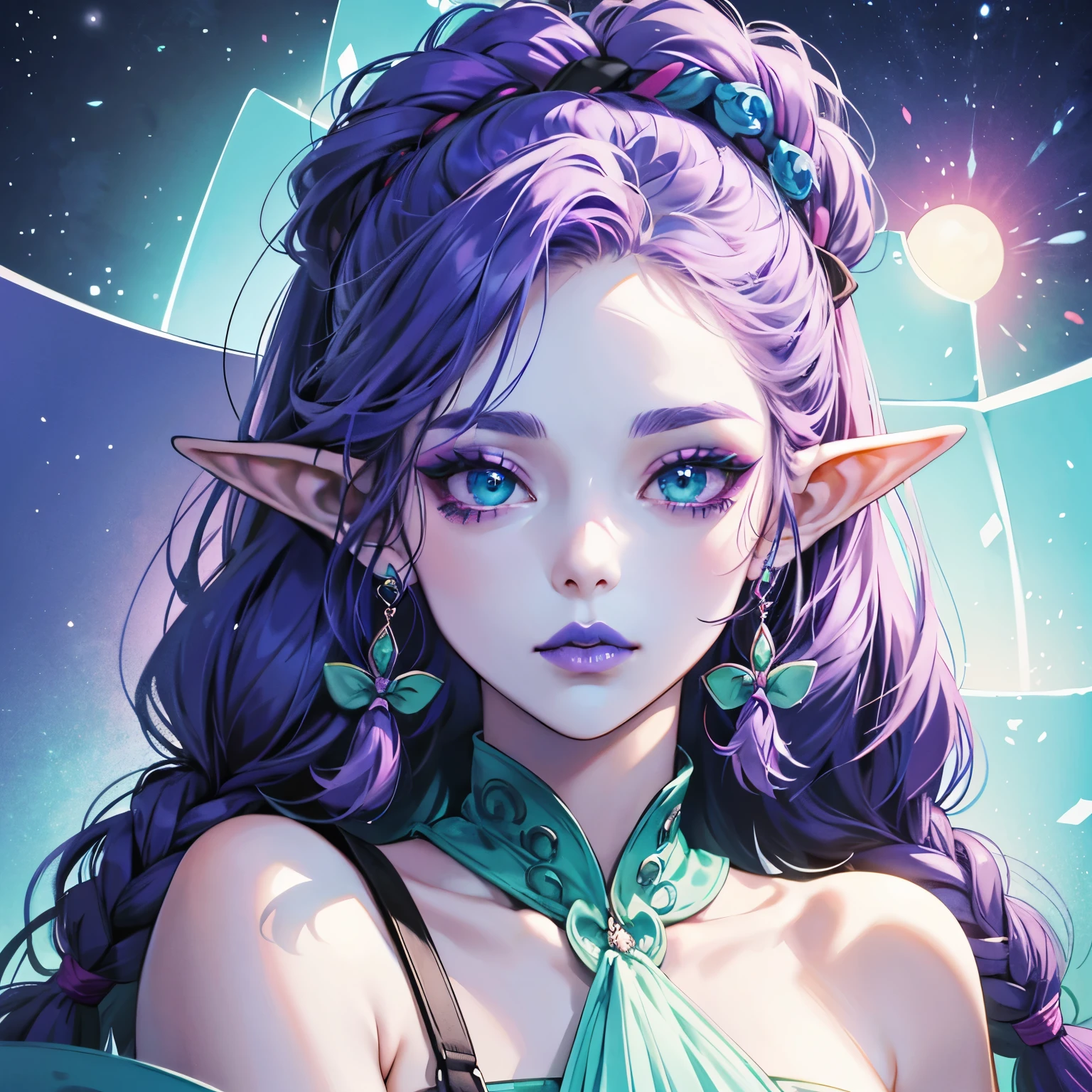 elf girl with blue skin, purple hair in high twin braids, green eyes wearing pink sunglasses and has dark blue lipstick and eyeshadow