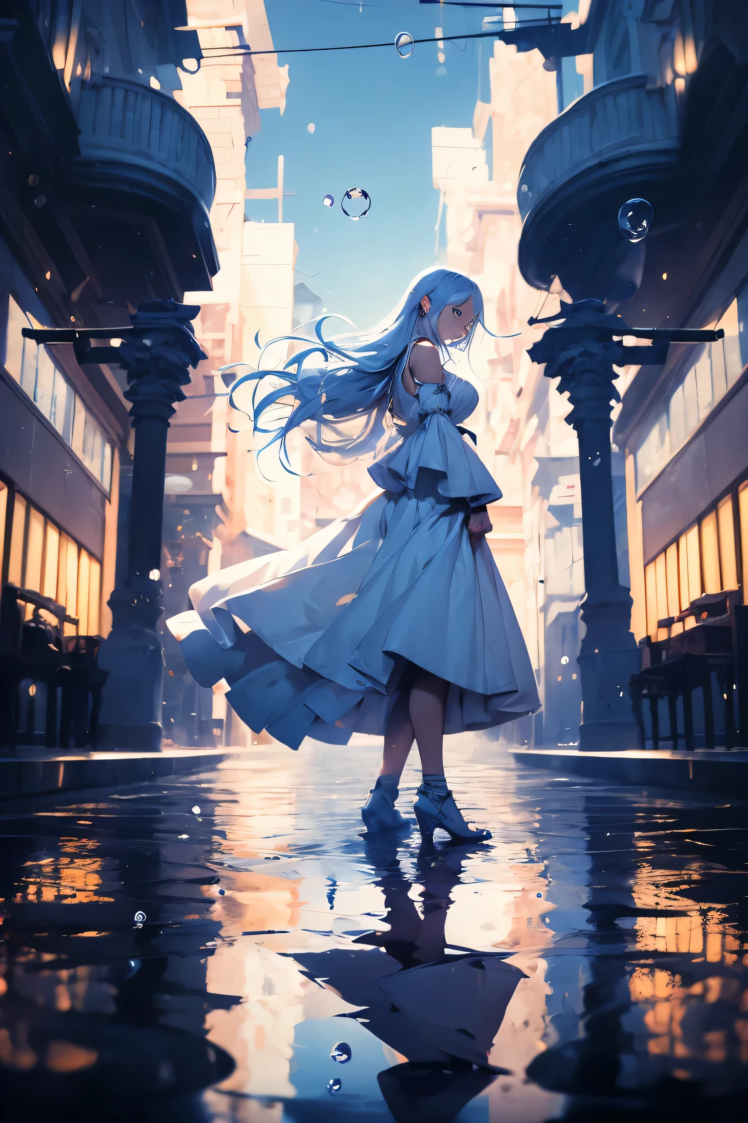 1girl, dress, moon, solo, standing, bubble, profile, silhouette, water, (reflection:1.5), very long hair, hair ornament, white dress, bare shoulders, detached sleeves, blue hair, from side, full body, wide sleeves, white hair