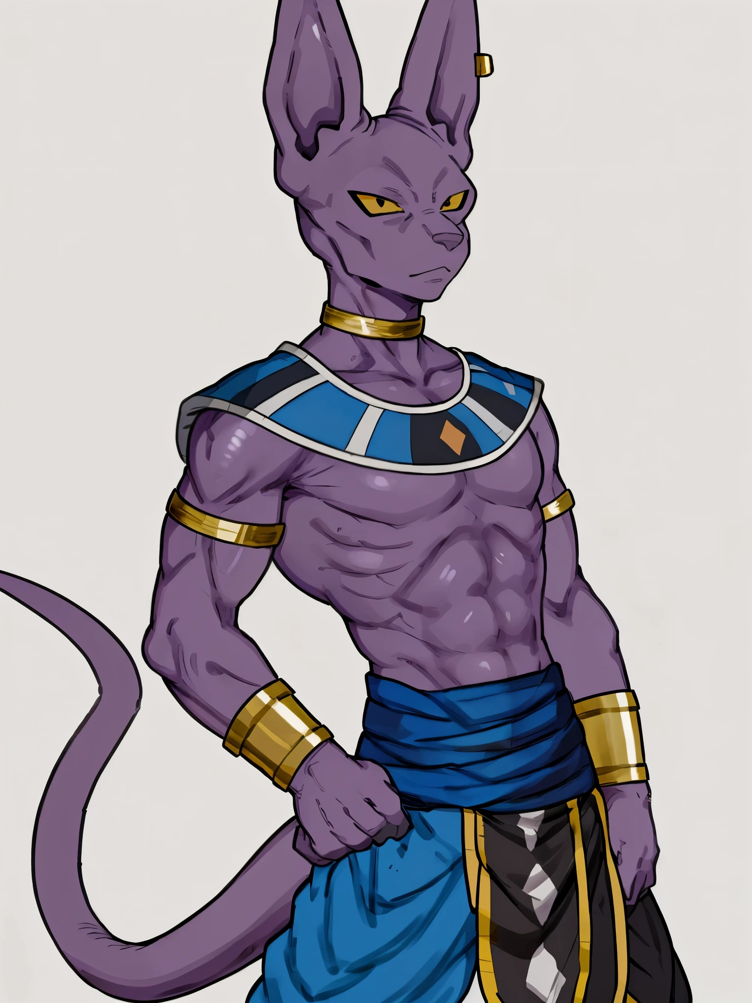 ((by Buta99, by SpiritD, best quality, masterpiece, perfect anatomy, detailed picture)), 1male, Beerus, adult, purple skins, yellow sclera, slit black eyes, skinny muscle body, an earring in the right ear, neck ring, long tail, Beerus's outfits, in the white background 