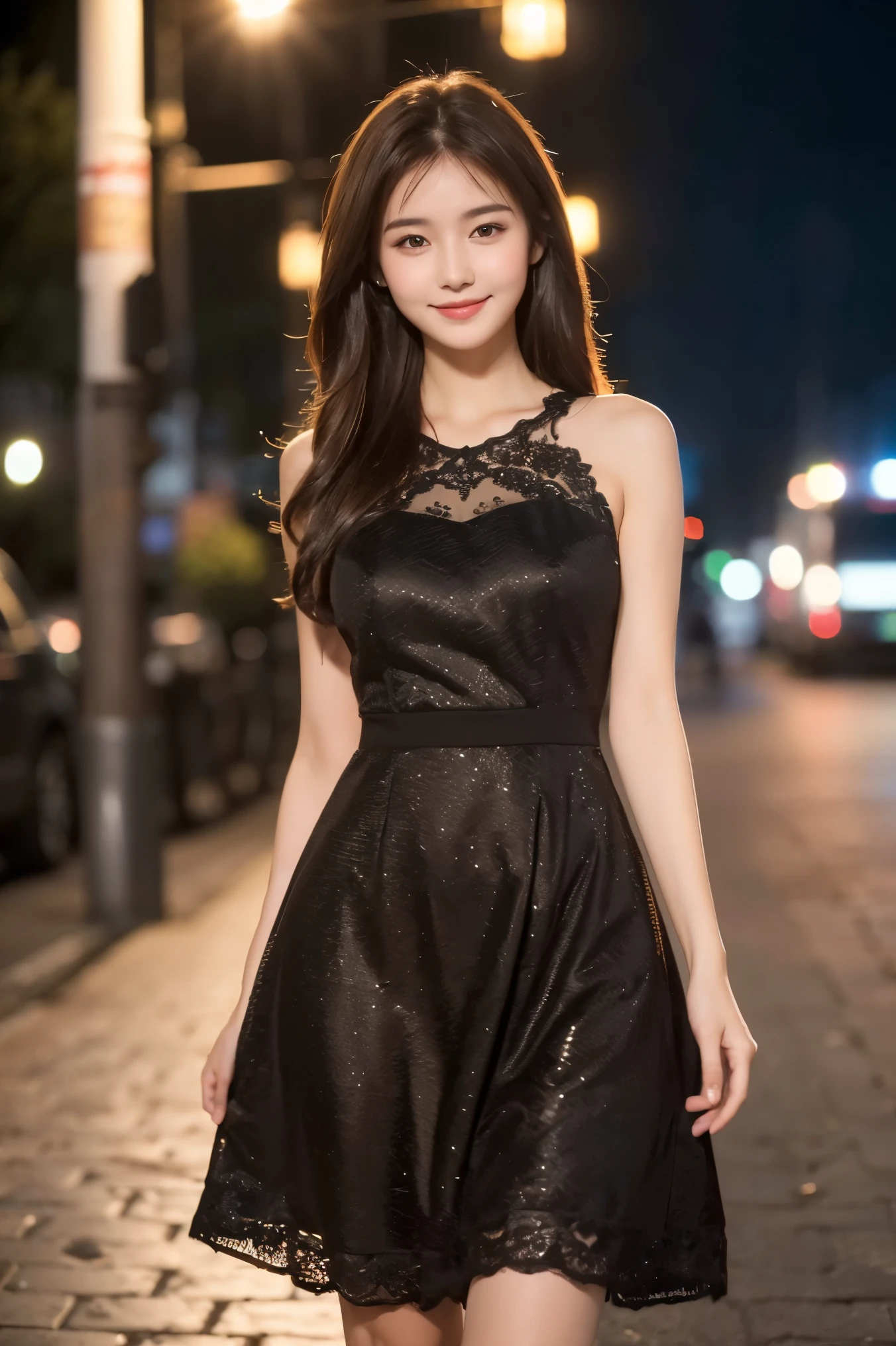 ((best quality, 8K, masterpiece :1.3)), 1 girl, Smile, whole body, face slimming, pretty Woman, (Dark brown hair), full length dress :1.1, Super detailed faces, exquisite eyes, double eyelids, blurred background, face slimming, City, External, street,