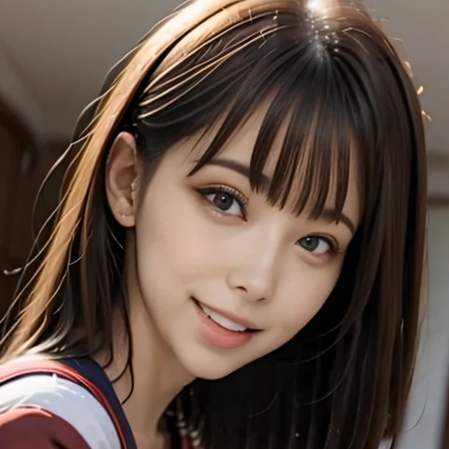 (Photoreal:1.4), (Super detailed), (highest quality), (best shadow), (masterpiece), ultra high resolution, 1 girl, (alone), bob hair, (Red silk blouse:1.2), (big breasts), smile, Upper body, Depth of written boundary, With background: (living room)