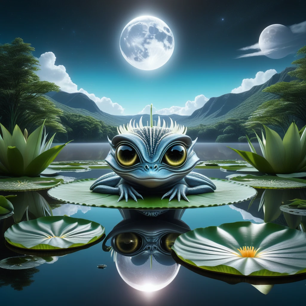 Surreal digital painting, bright moon casting silver beams across a serene lake, colossal-eyed alien creature perched atop a lily pad, its eyes mirroring a cosmic panorama, framed by the serene reflection in the water, crafted with a double reflective exposure technique, double the clarity, double the mystique, focus on the haunting gaze and ethereal reflection, ultra-clear, cinematic, rendered in Unreal Engine for photorealistic quality, with the caliber of 8k artistic photography. High Resolution, High Quality, Masterpiece. best quality, masterpiece, super detail