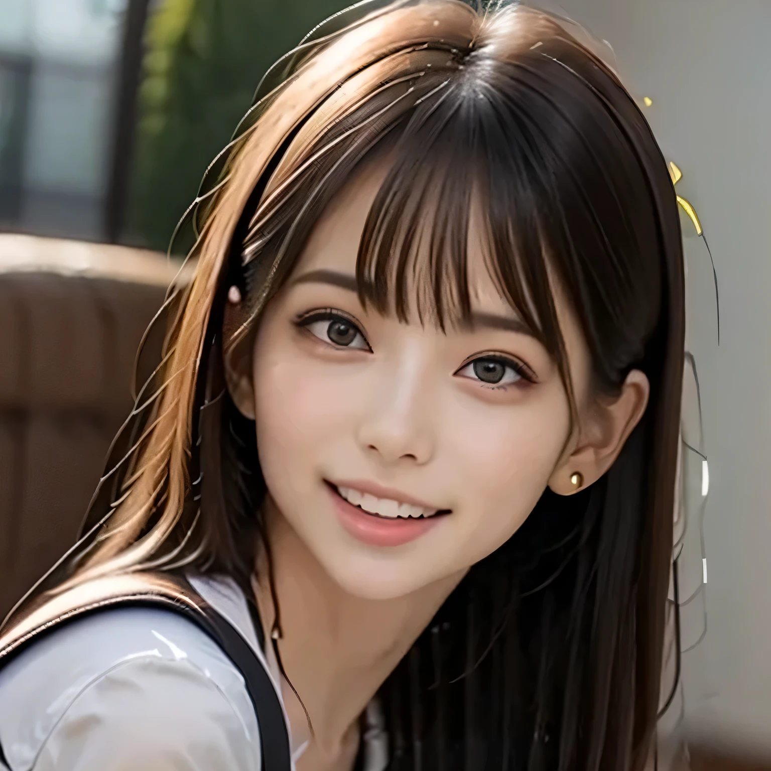 (Photoreal:1.4), (Super detailed), (highest quality), (best shadow), (masterpiece), ultra high resolution, 1 girl, (alone), bob hair, (Blue Silk Blouse:1.2), (big breasts), smile, Upper body, Depth of written boundary, With background: (living room)