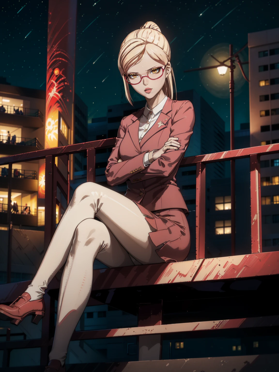 (extremely detailed fine touch:1.2),masterpiece, best quality, Akiyama_K,1 girl, looking at viewer, swept bang,ponytail,blonde hair,red glasses, yellow eyes,collared white shirt, red jacket, red skirt suit ,crossed legs, sitting, cute angry, closed mouth, smirk, crossed arms, outdoors,night sky,city background,