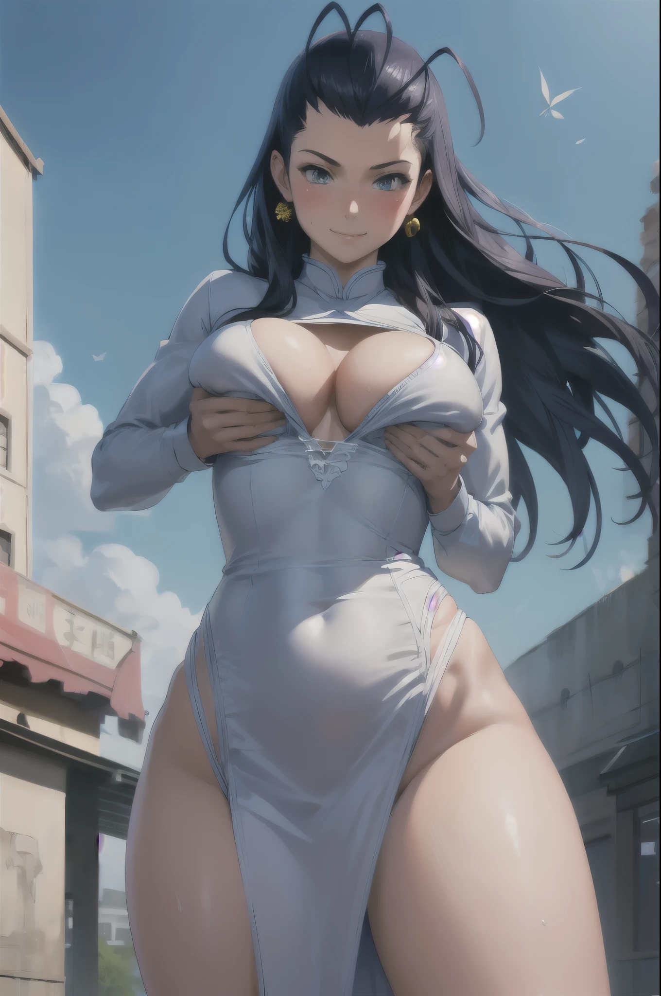 1girl,18yo,perfect hands, perfect finger,perfect anatomy, masterpiece, best quality,realistic, hyperrealistic, 16k hdr,kokouen_wz, black hair, long hair,antenna hair, (red fingerless gloves), see through chinese clothes, (gorgeous china dress:1.2), white dress, ahoge, hair slicked back, magatama earrings, dress, modeling,outdoor,large breasts,sexy pose,from below,sweat,spread legs,standing,(strong wind,BreastLift:1.5),red blush,smile