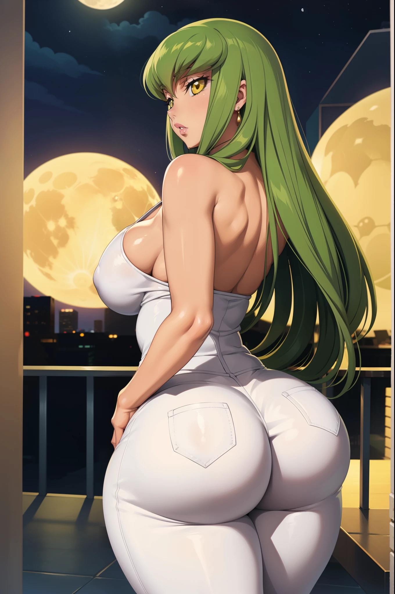 Code Geass, Code geass art style, C.C, 1girl, (((bimbo))), long green hair, yellow eyes, ear rings, puffy lips, painted lips, thick lips, wide hips, thick thighs, small round breast, huge ass, revealing cleavage, erotic, sexy horny face, bubble butt, fake butt, Brazilian butt lift, white jeans, white top, looking back, gym, ass posing, gym, legs, squishy ass, soft ass, legs, moon, ass posing, 